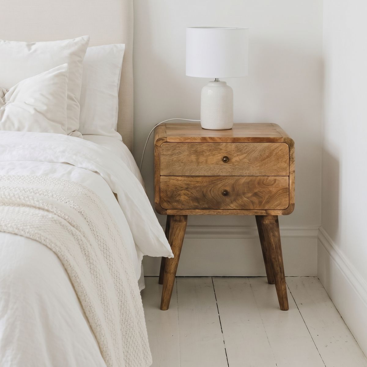 Modal Solid Wood 45cm wide 2 drawer bedside table in Natural Mango Finish