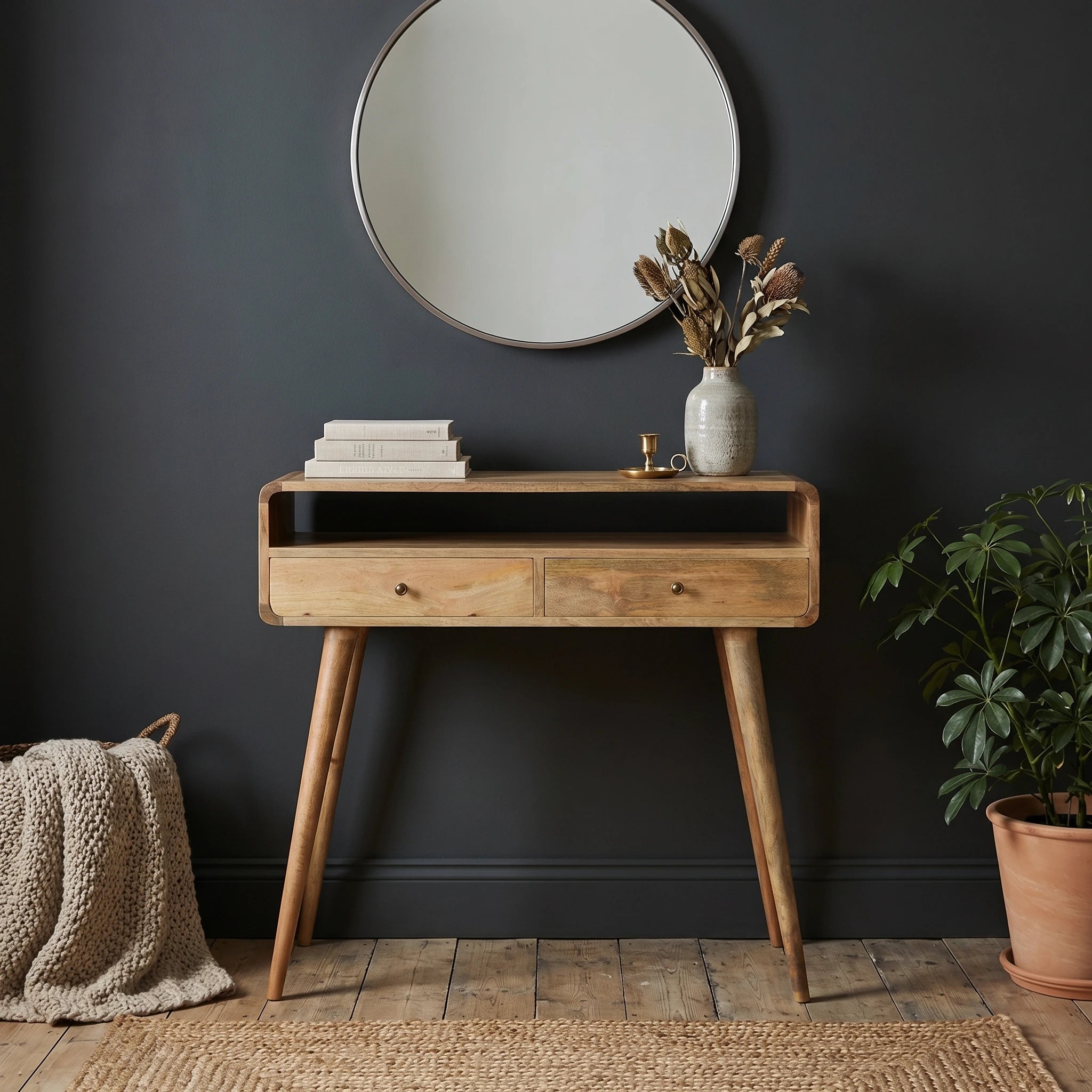 Modal handmade solid wood console table with drawers and open storage shelf in natural finish