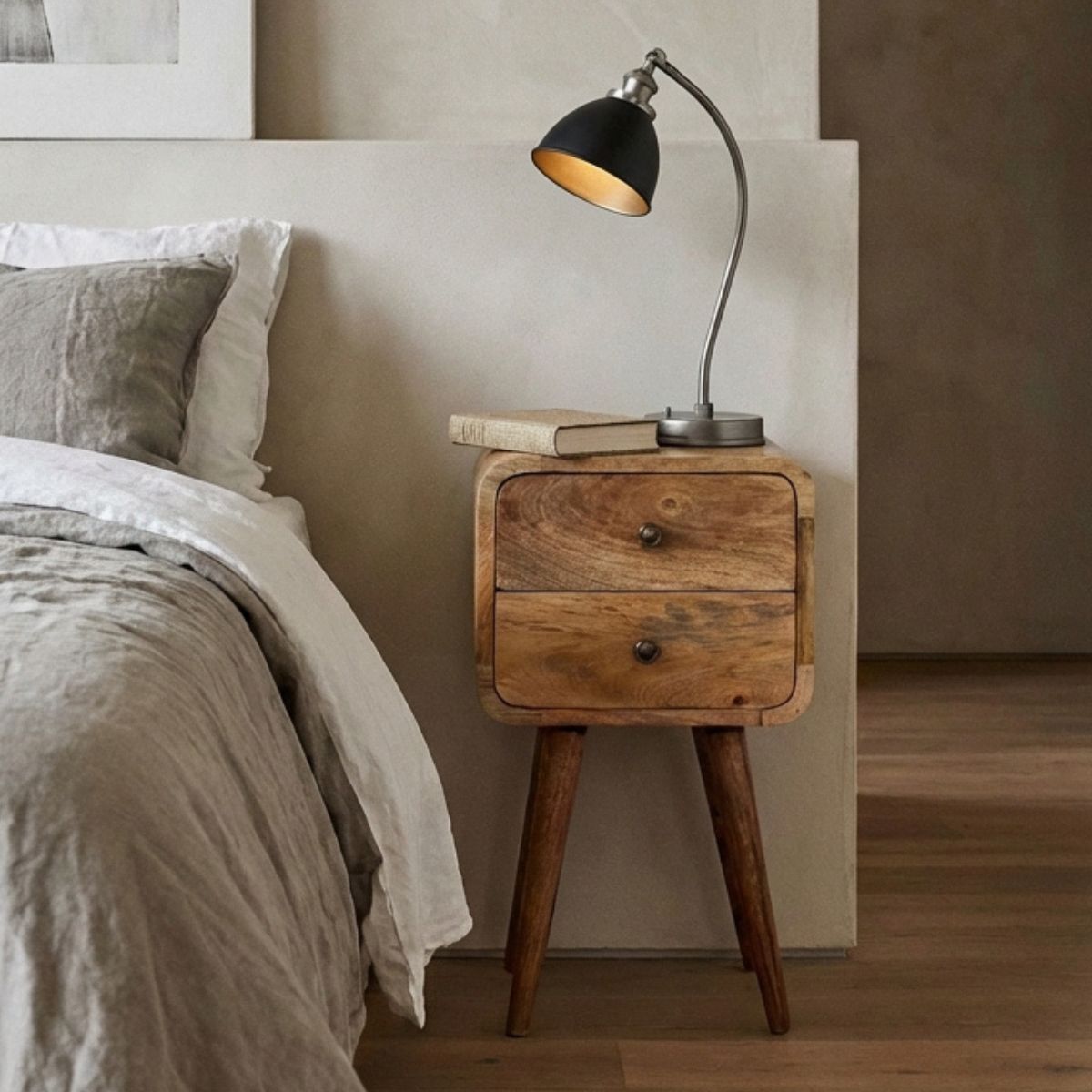 Modal handmade oak-ish 2 drawer narrow bedside table