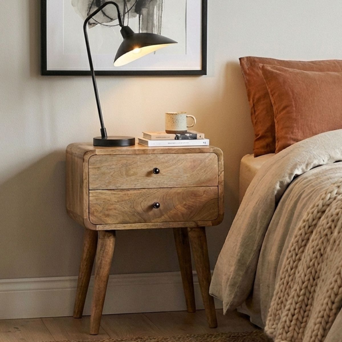 Modal solid wood bedside table with 2 drawers in a natural oak-ish finish