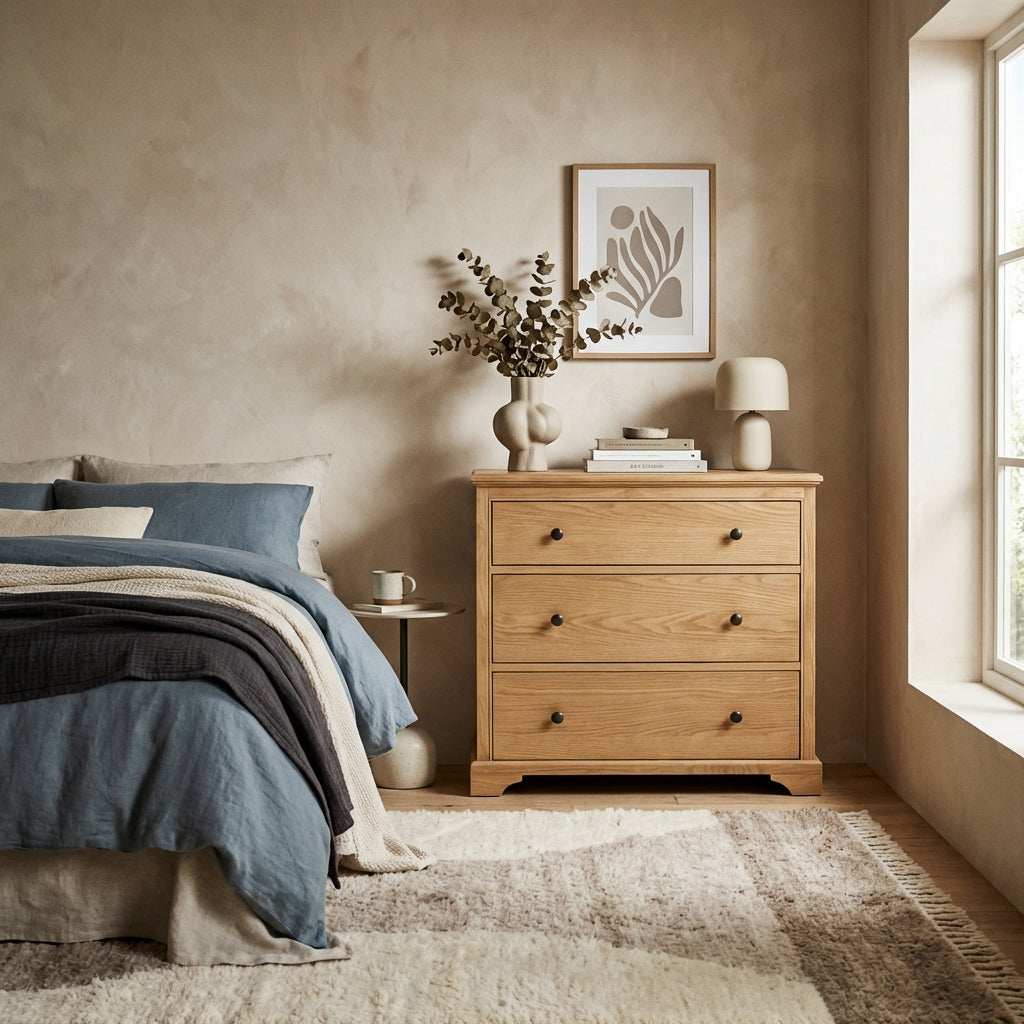 Modern compact oak chest of drawers with three drawers in a neutral bedroom setting
