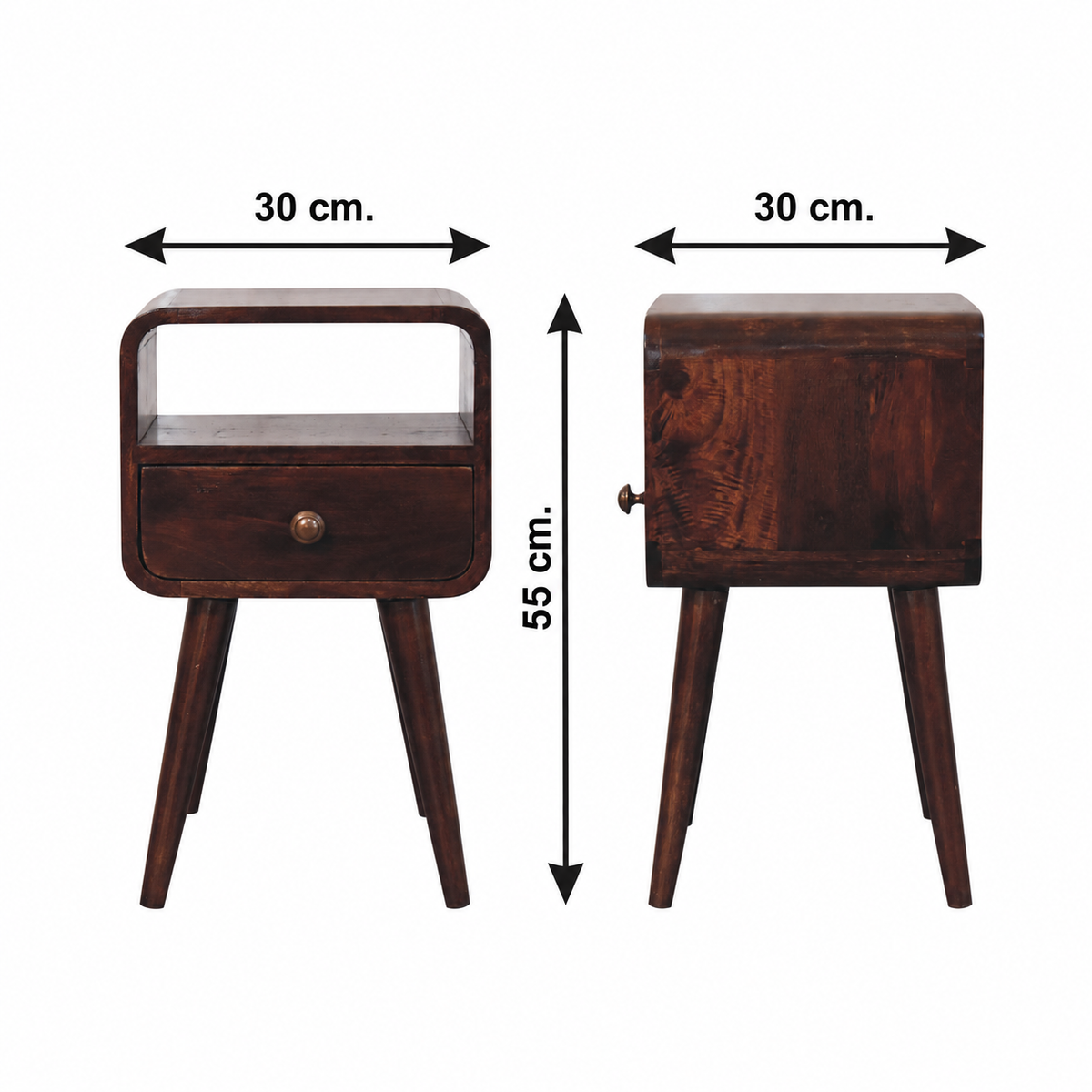 Mini California 30cm Walnut Curved Bedside Table – 1 Drawer & Open Shelf