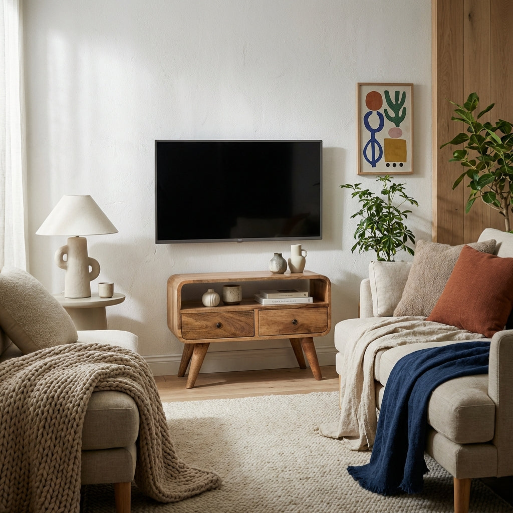 Modal handmade 2 drawer small wooden tv stand in natural oak-ish finish