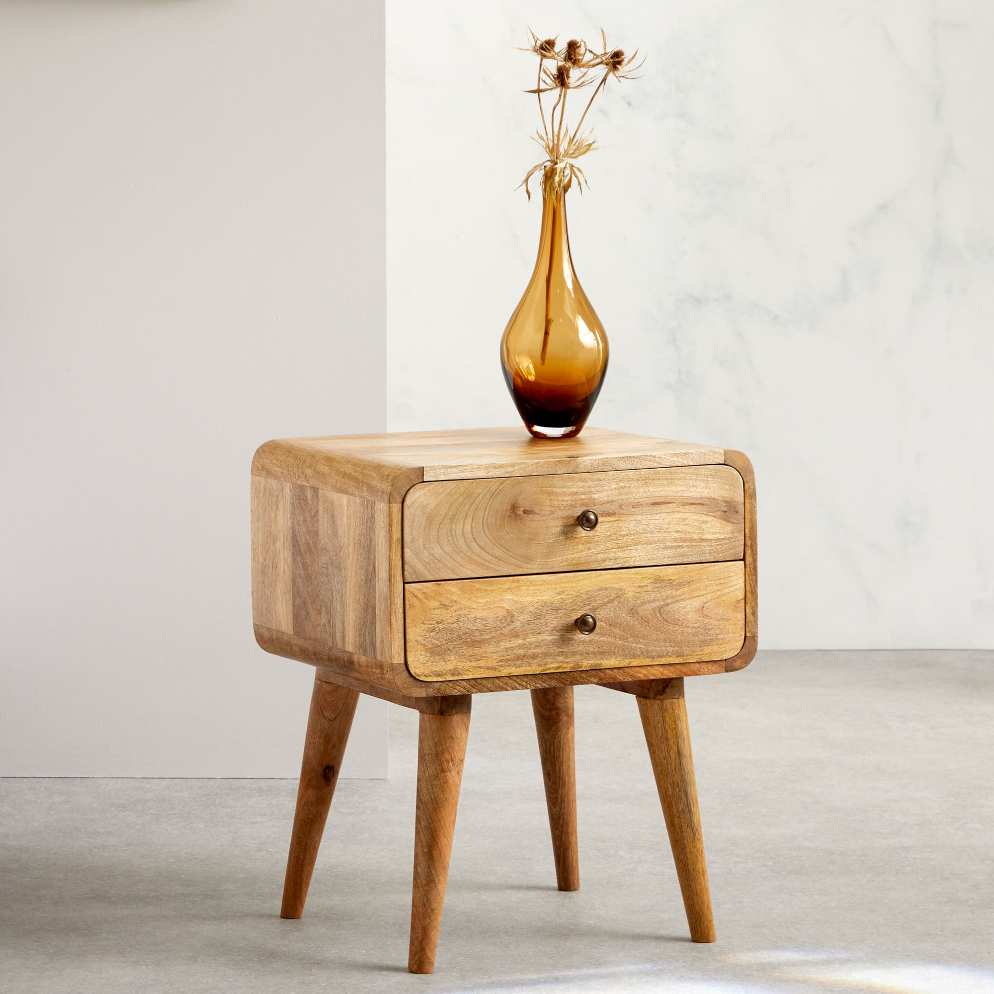 Modal solid wood bedside table with 2 drawers in a natural oak-ish finish | malletandplane.com