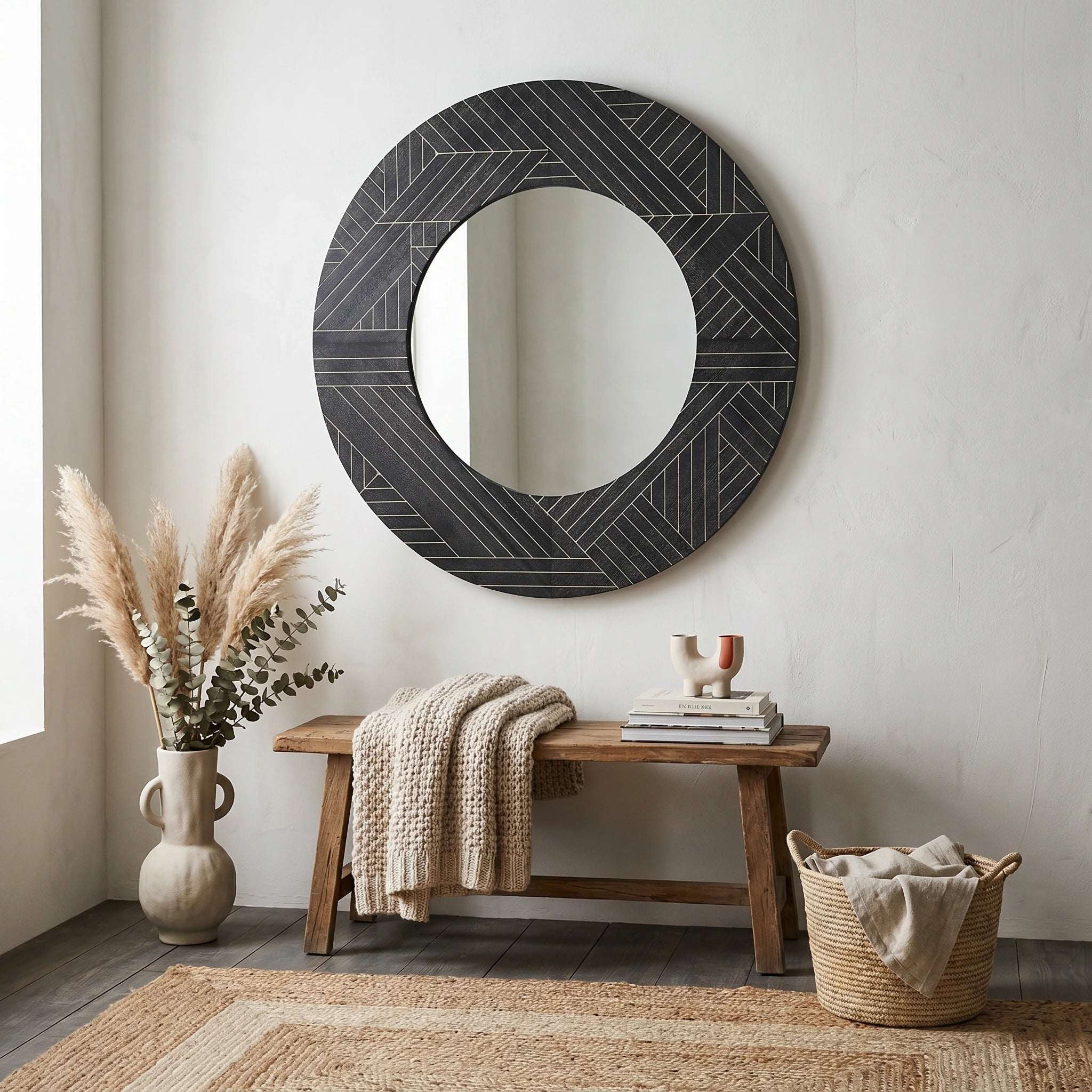 Natori round wall mirror with geometric frame