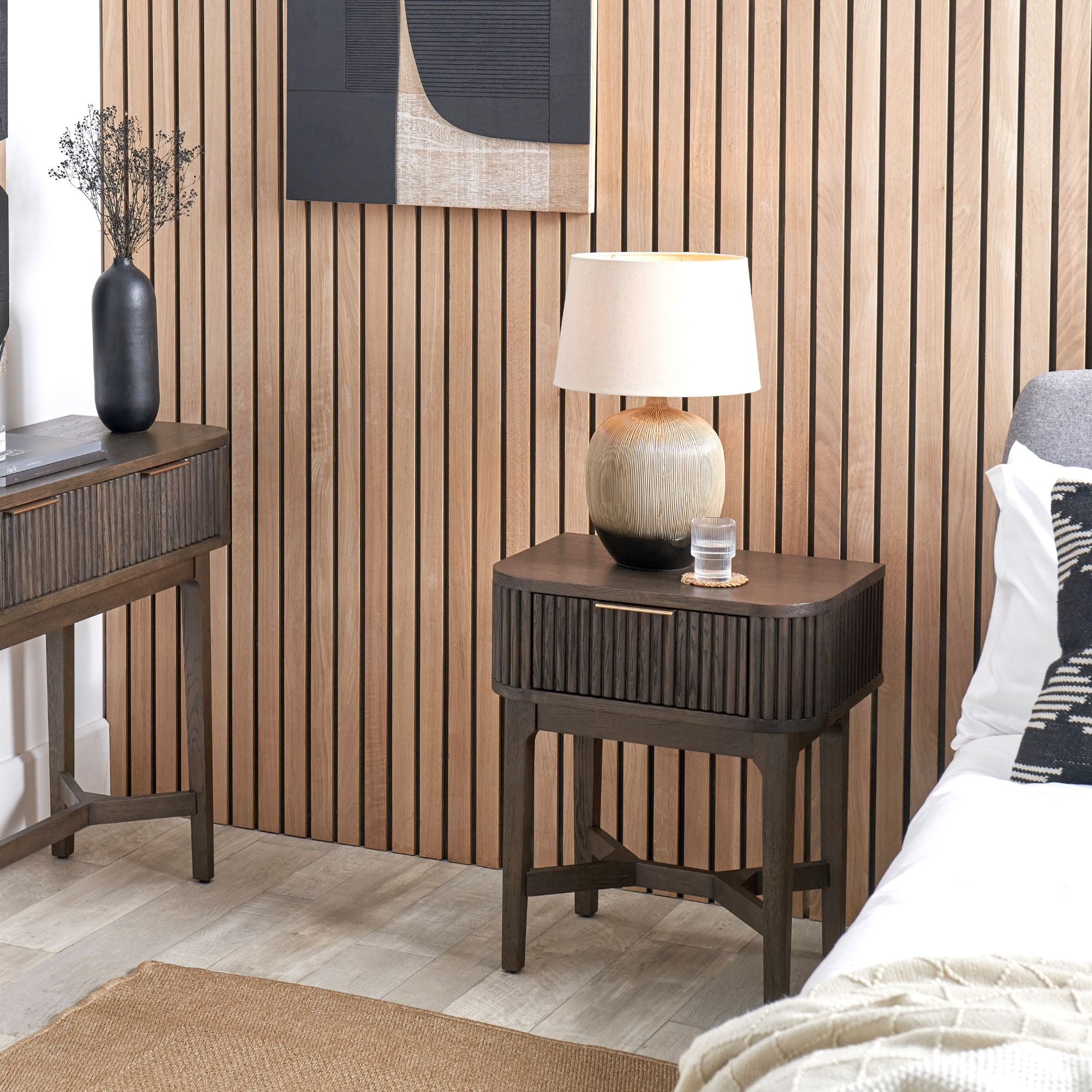 Norr walnut finished bedside table with ribbed styling and 1 drawer | malletandplane.com