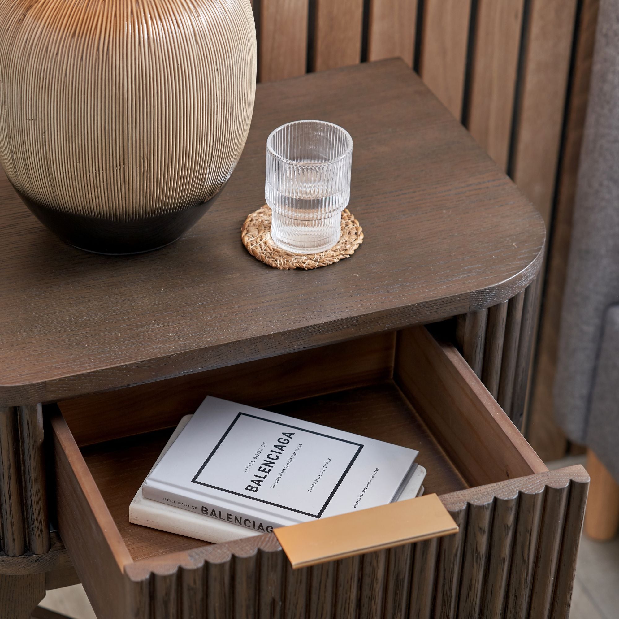 Norr walnut finished bedside table with ribbed styling and 1 drawer | malletandplane.com