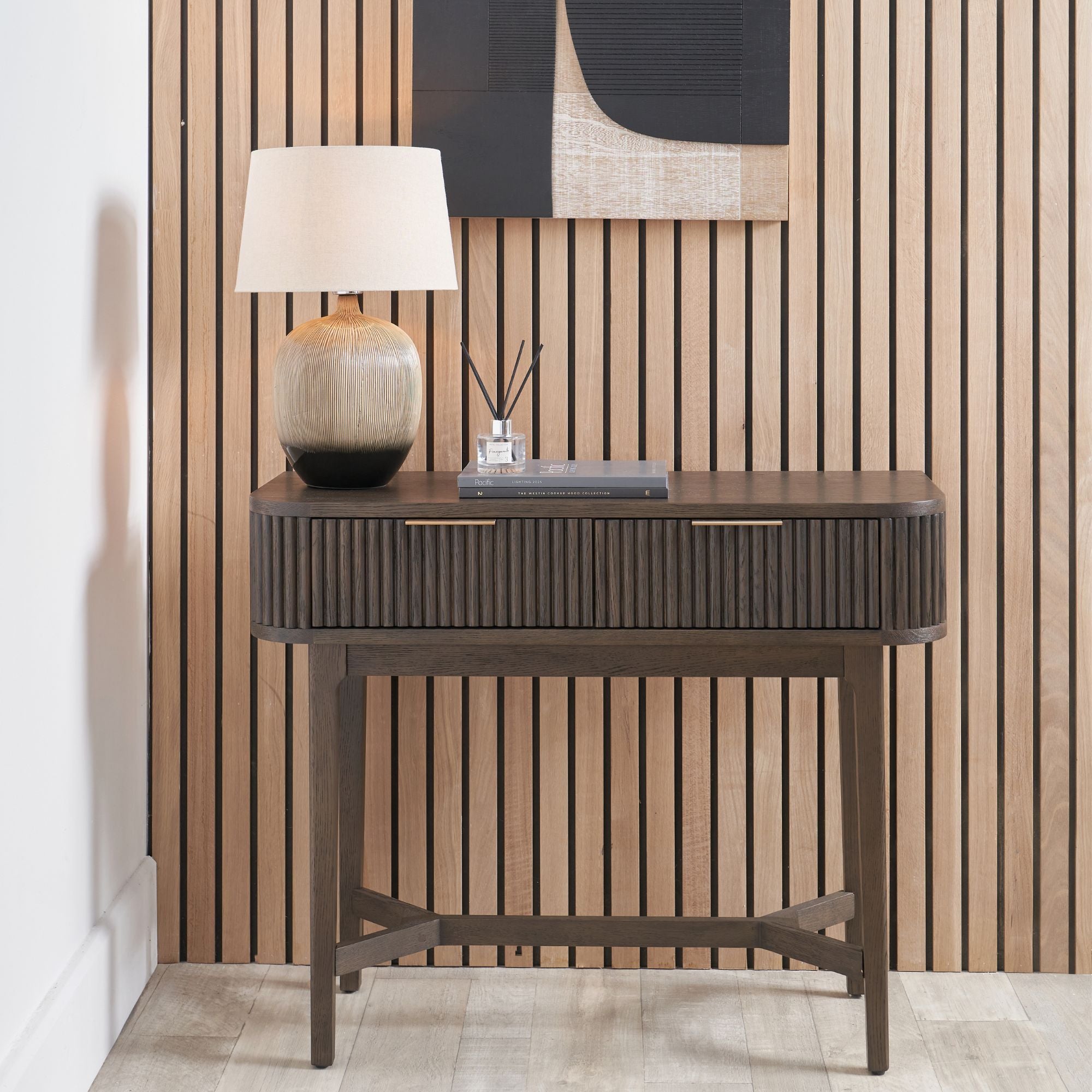 Norr 2 drawer console table in rich walnut finish | malletandplane.com