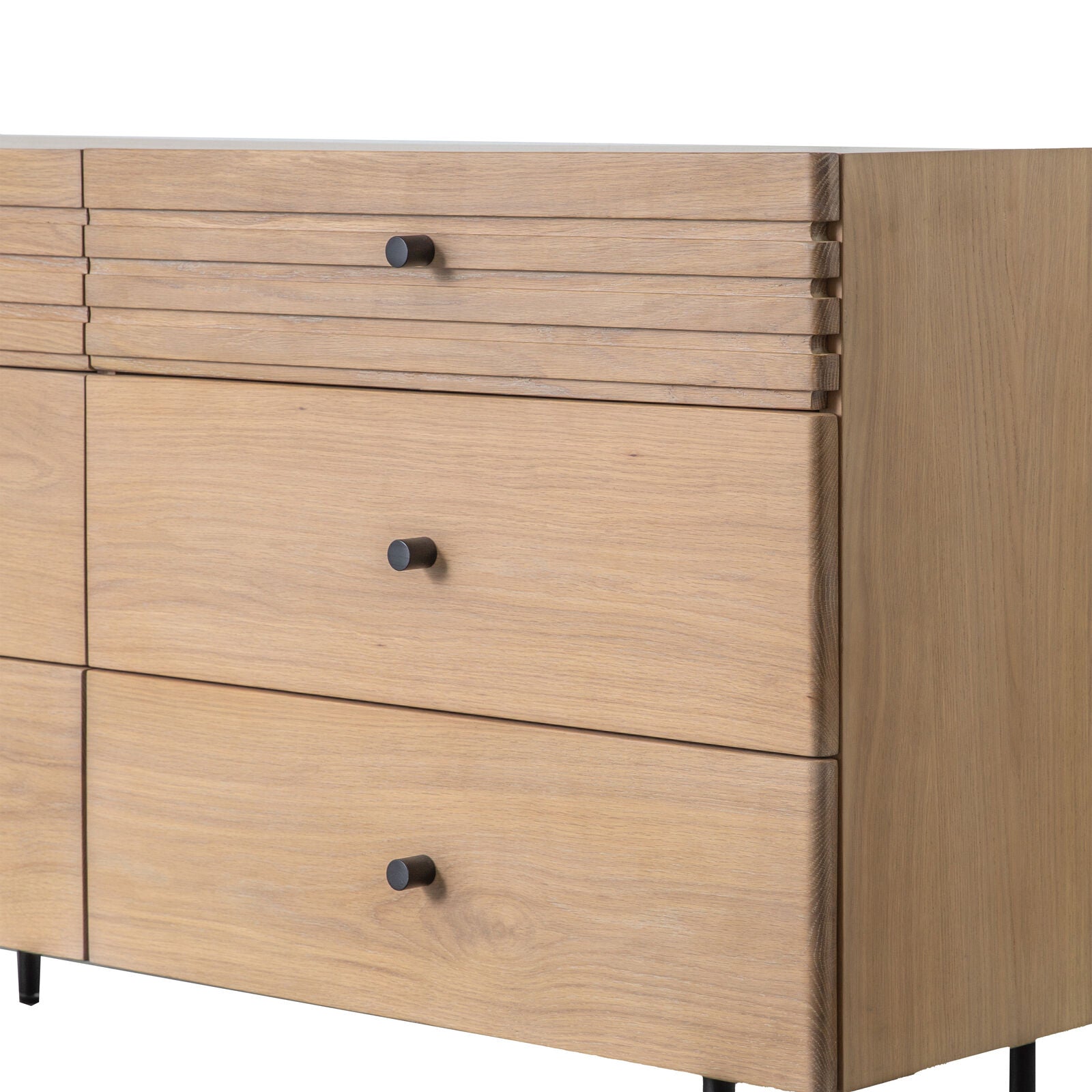 OKAYAMA natural oak chest of 6 Drawers with black metal legs and handles | malletandplane.com