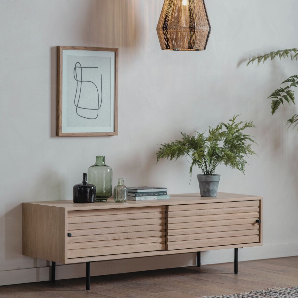 OKAYAMA oak and steel media unit with sliding doors and Japandi slatted detailing | malletandplane.com