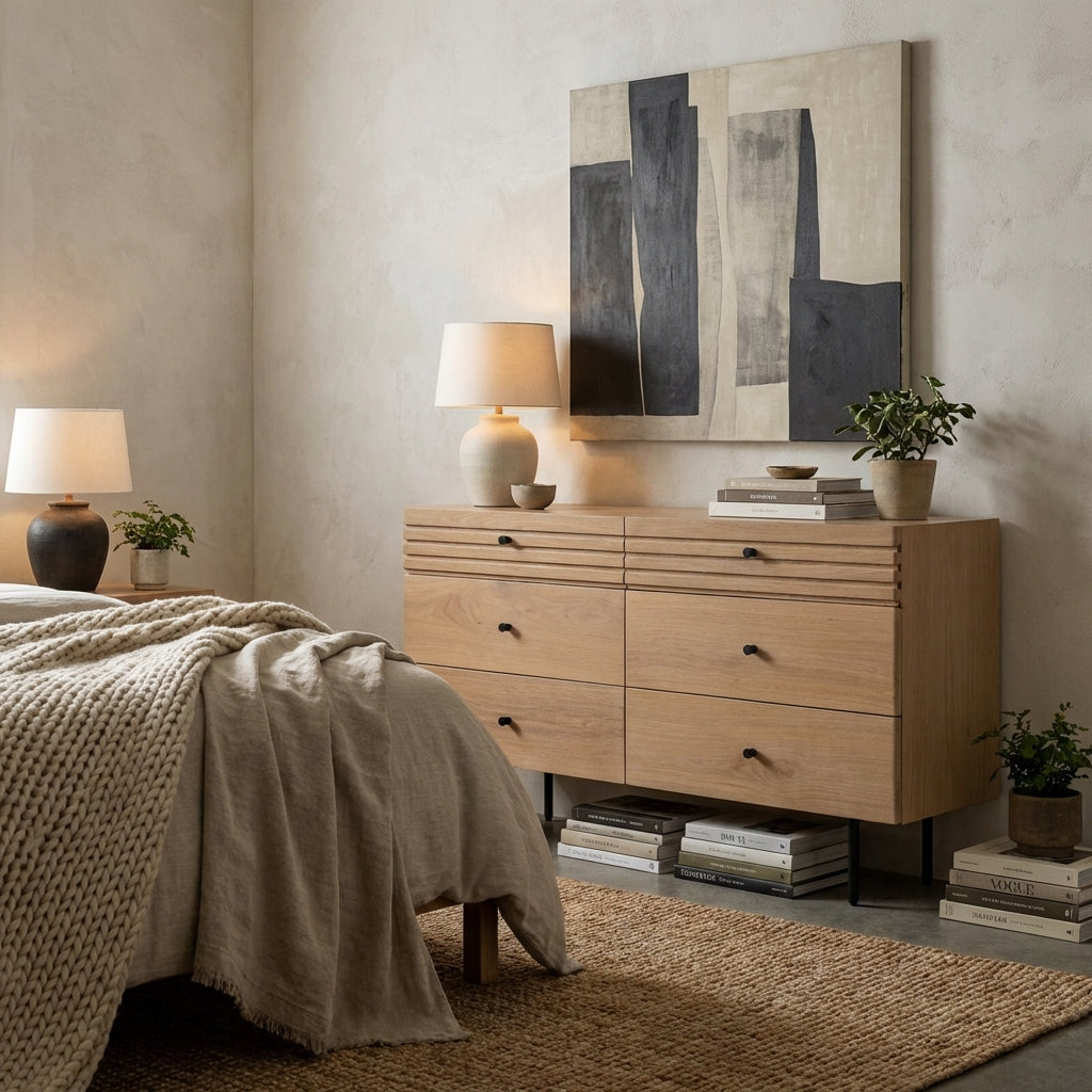 OKAYAMA natural oak chest of 6 Drawers with black metal legs and handles