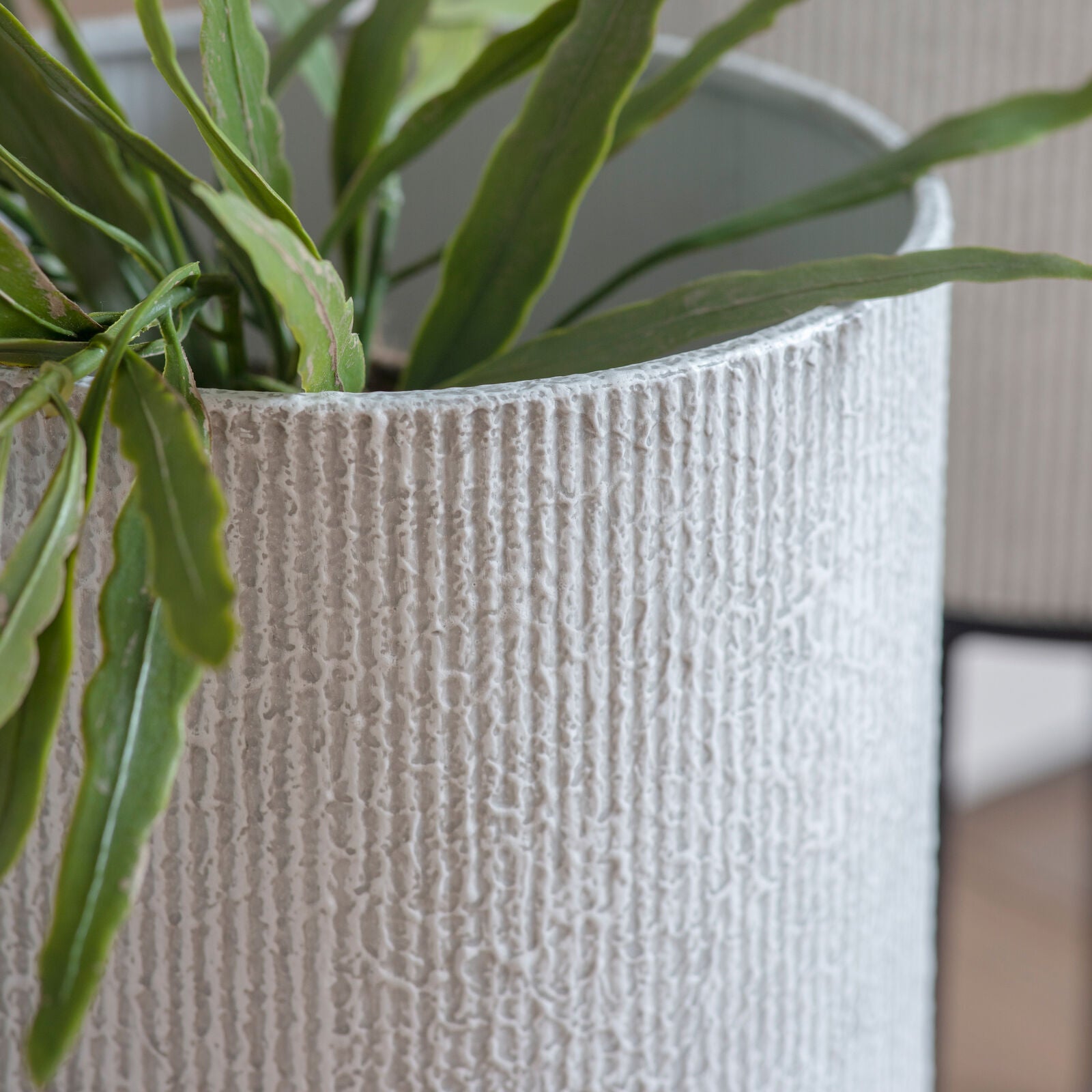 OLIVIA Metal Planter Set of 2 – White Ridged Finish with Black Stand | malletandplane.com