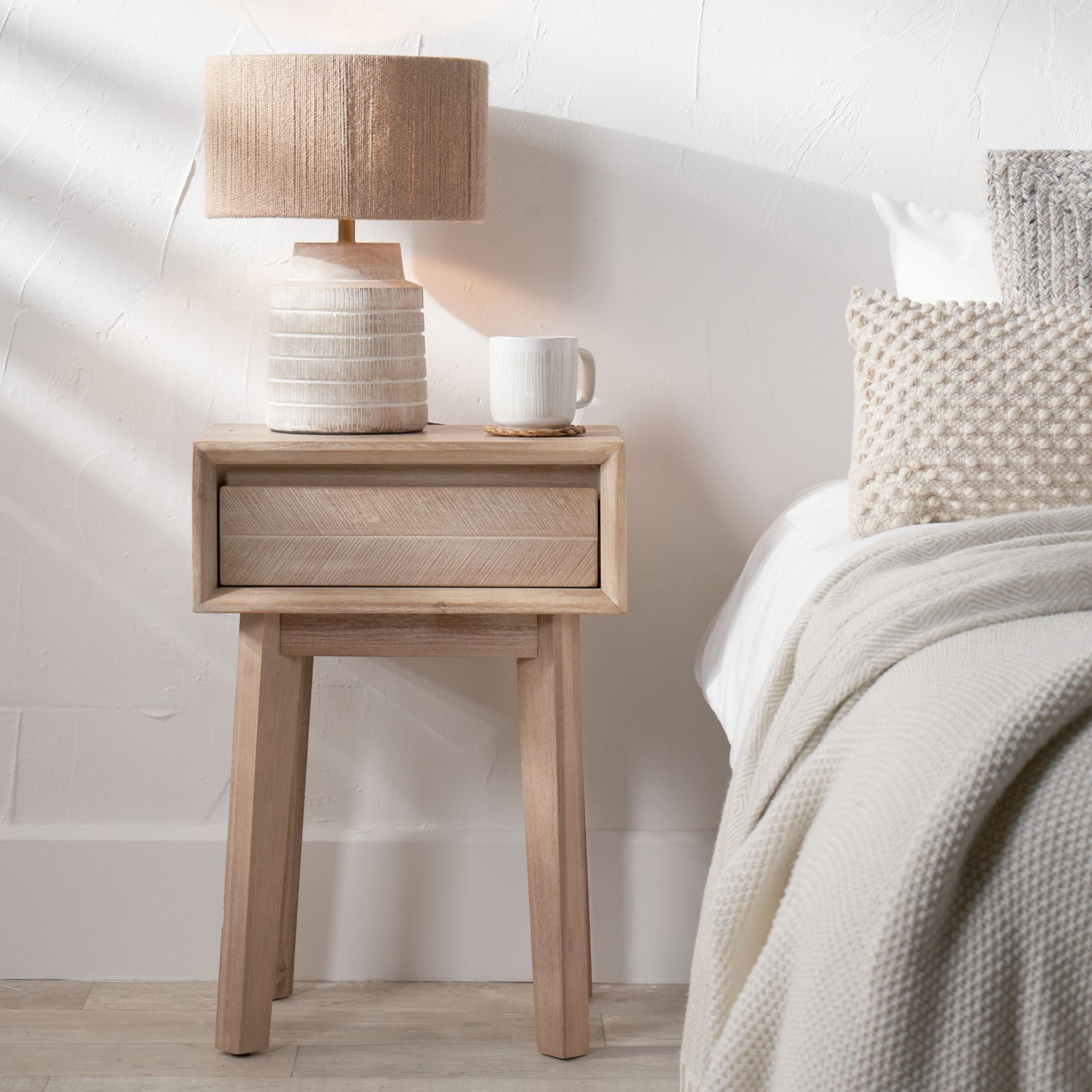 Orsa Acacia Wood 1 Drawer Bedside Table | malletandplane.com