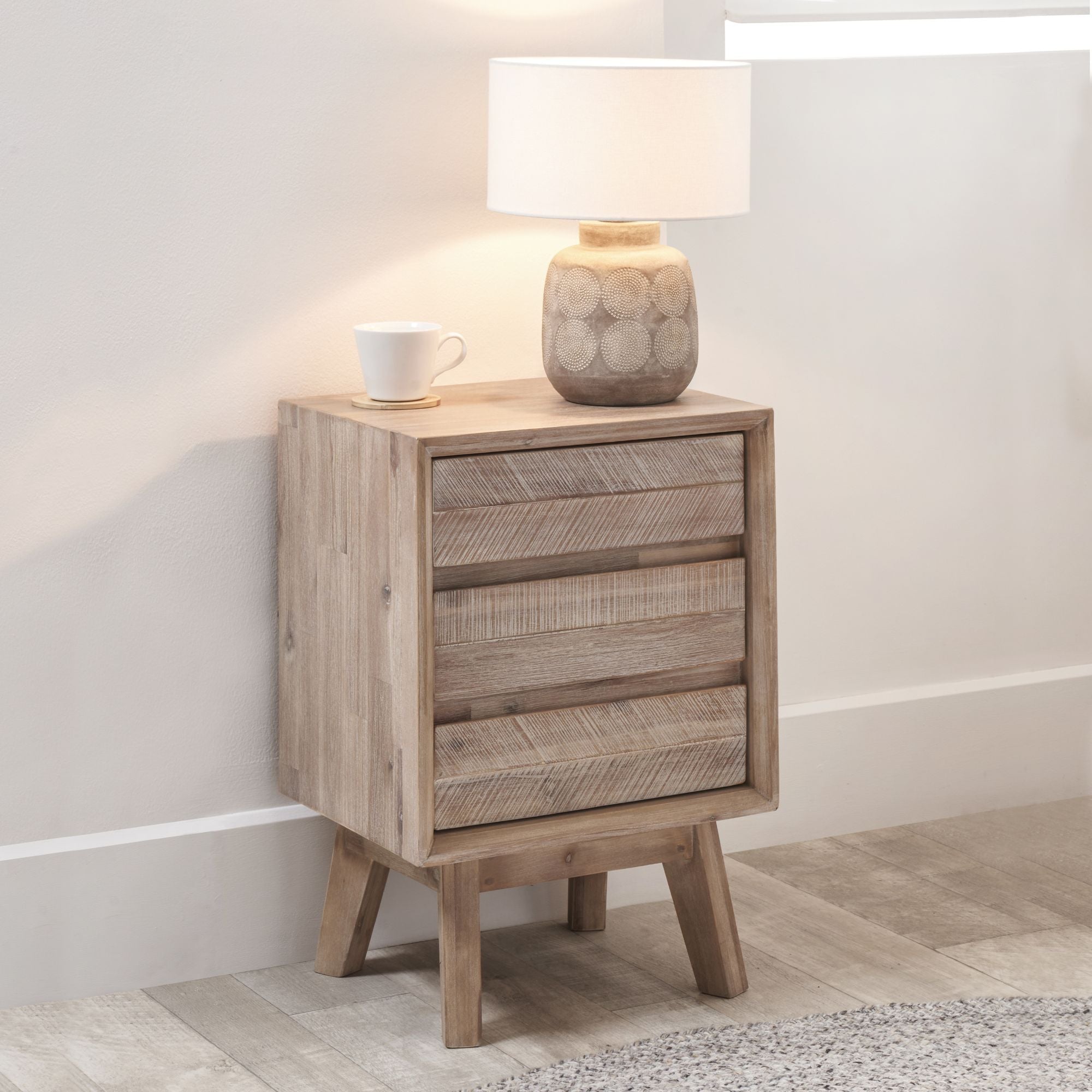 Orsa sand washed acacia wood 3 drawer bedside table | malletandplane.com
