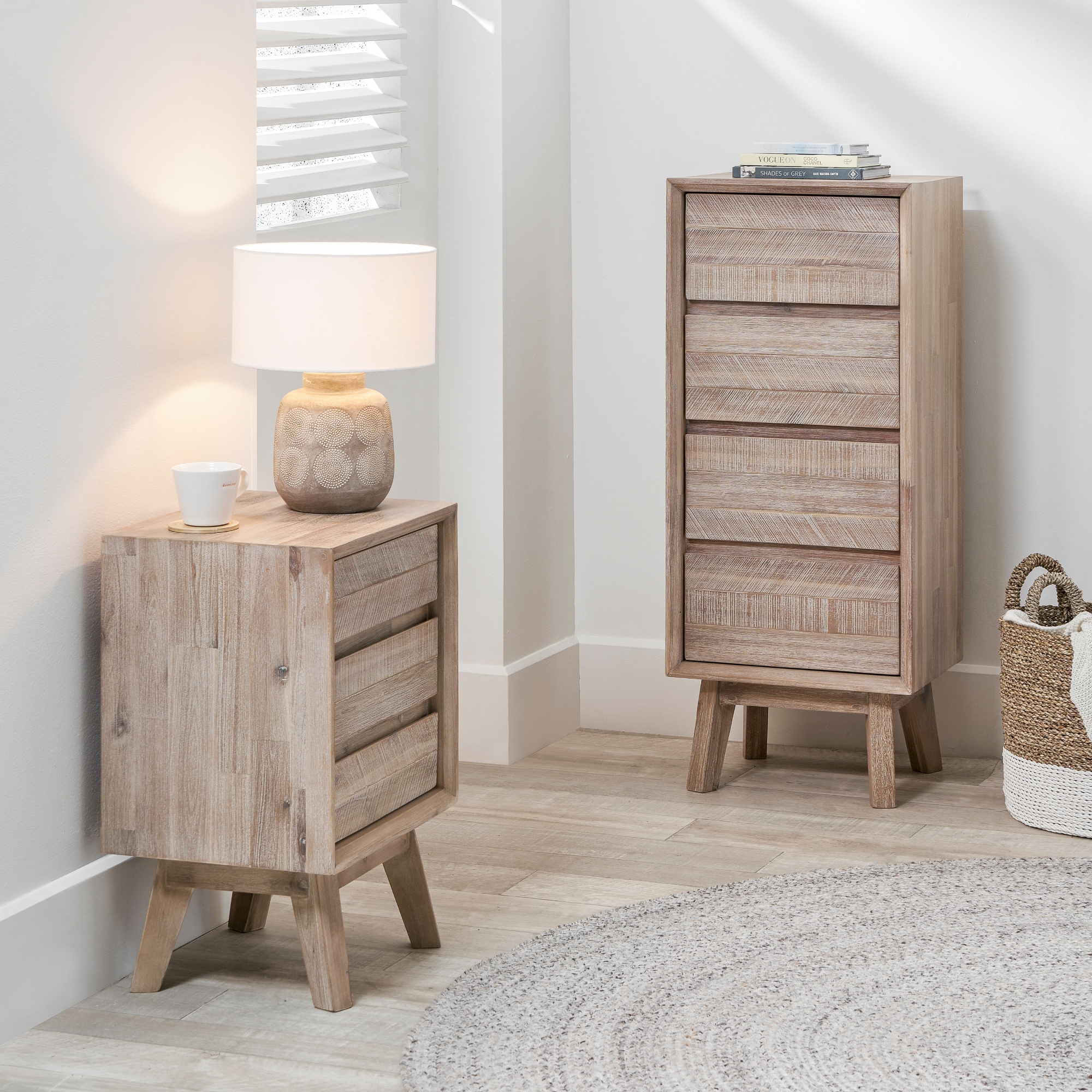 Orsa sand washed acacia wood 3 drawer bedside table | malletandplane.com