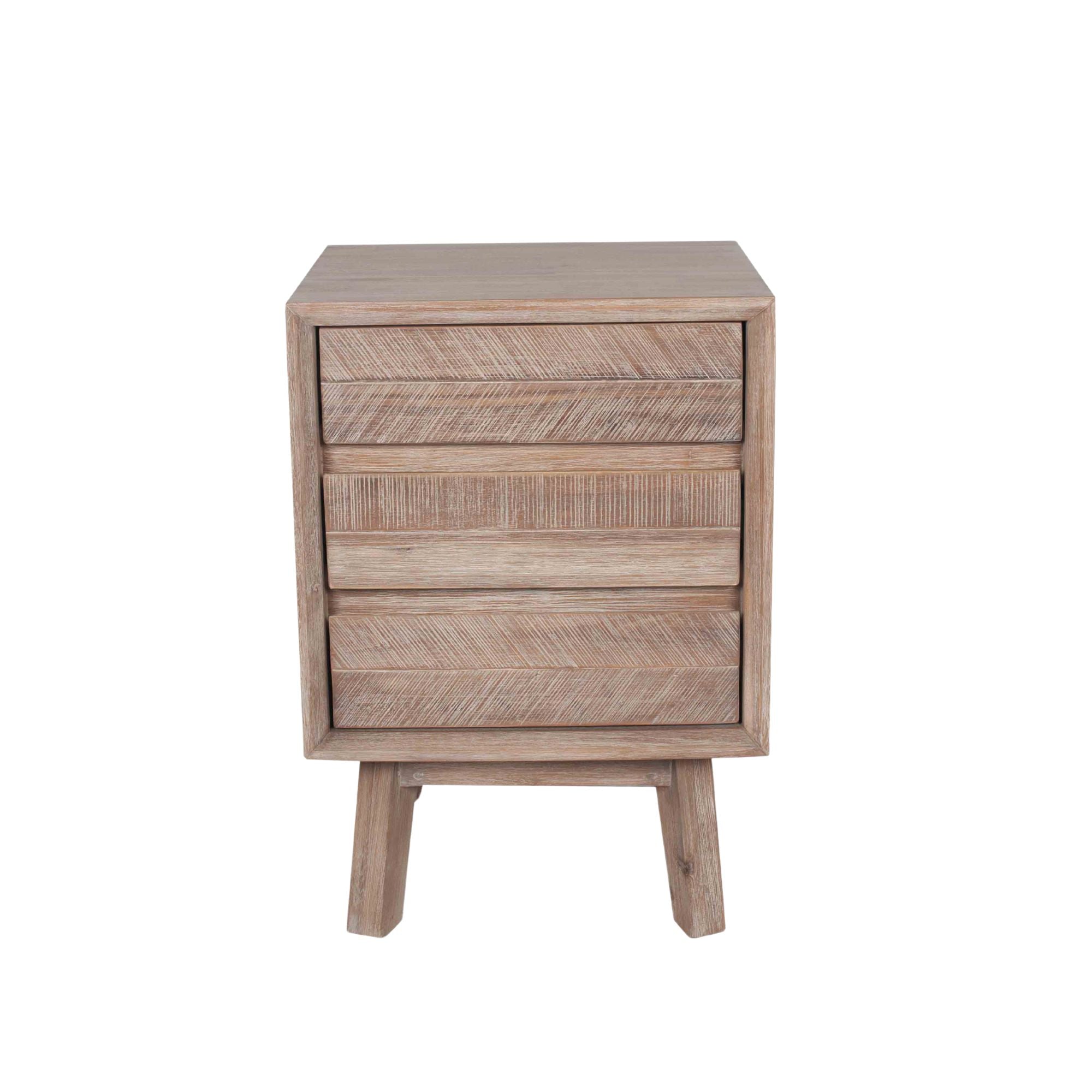 Orsa sand washed acacia wood 3 drawer bedside table | malletandplane.com