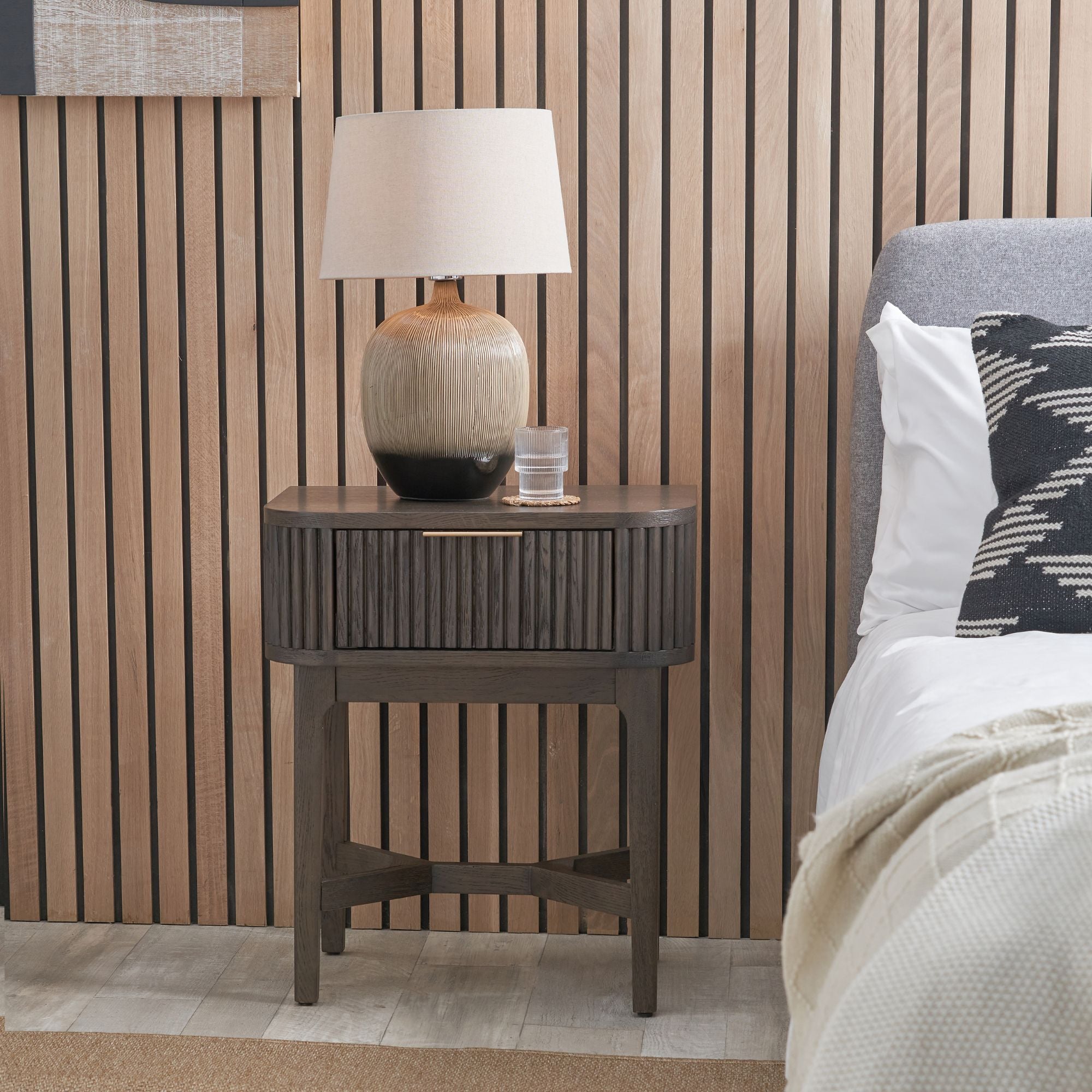 RAIE walnut finished bedside table with ribbed styling and 1 drawer | malletandplane.com