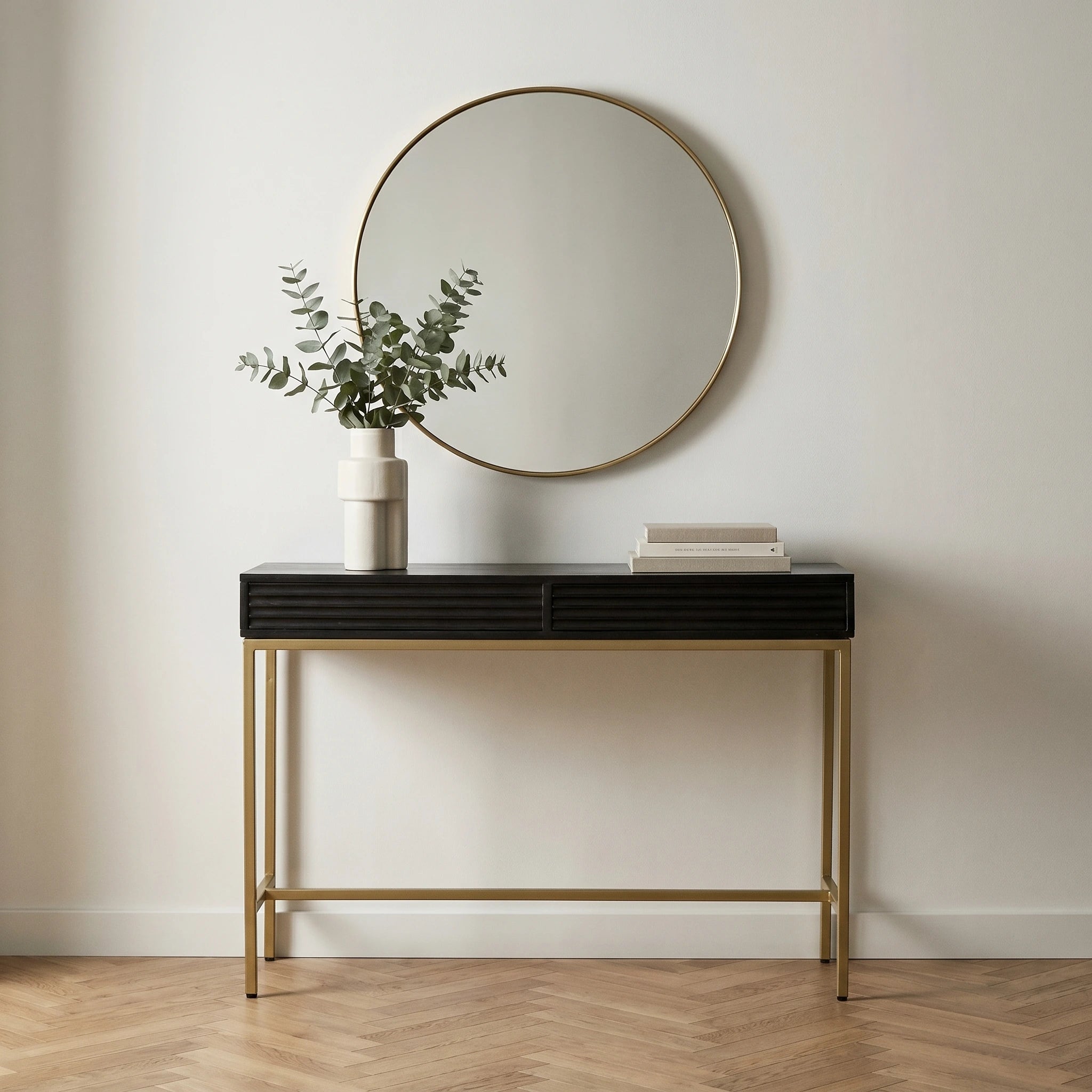 RIPPLE Console Table – Black 2 Drawer Console with Gold Frame
