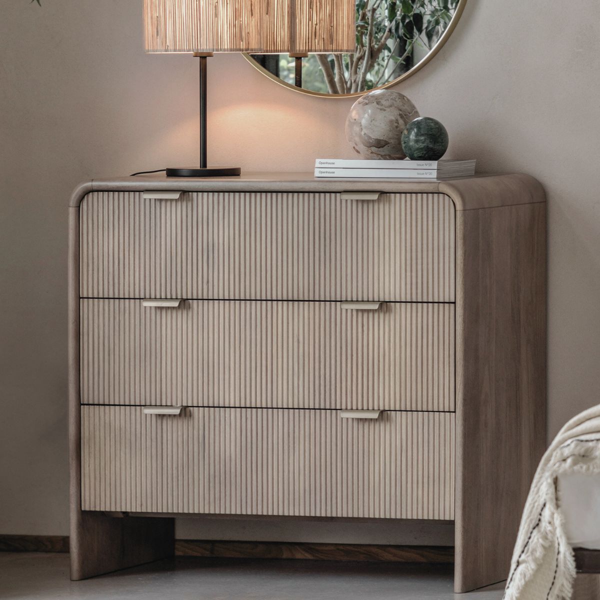 Rocca mango 3 drawer chest of drawers with fluted details and brass hardware | malletandplane.com