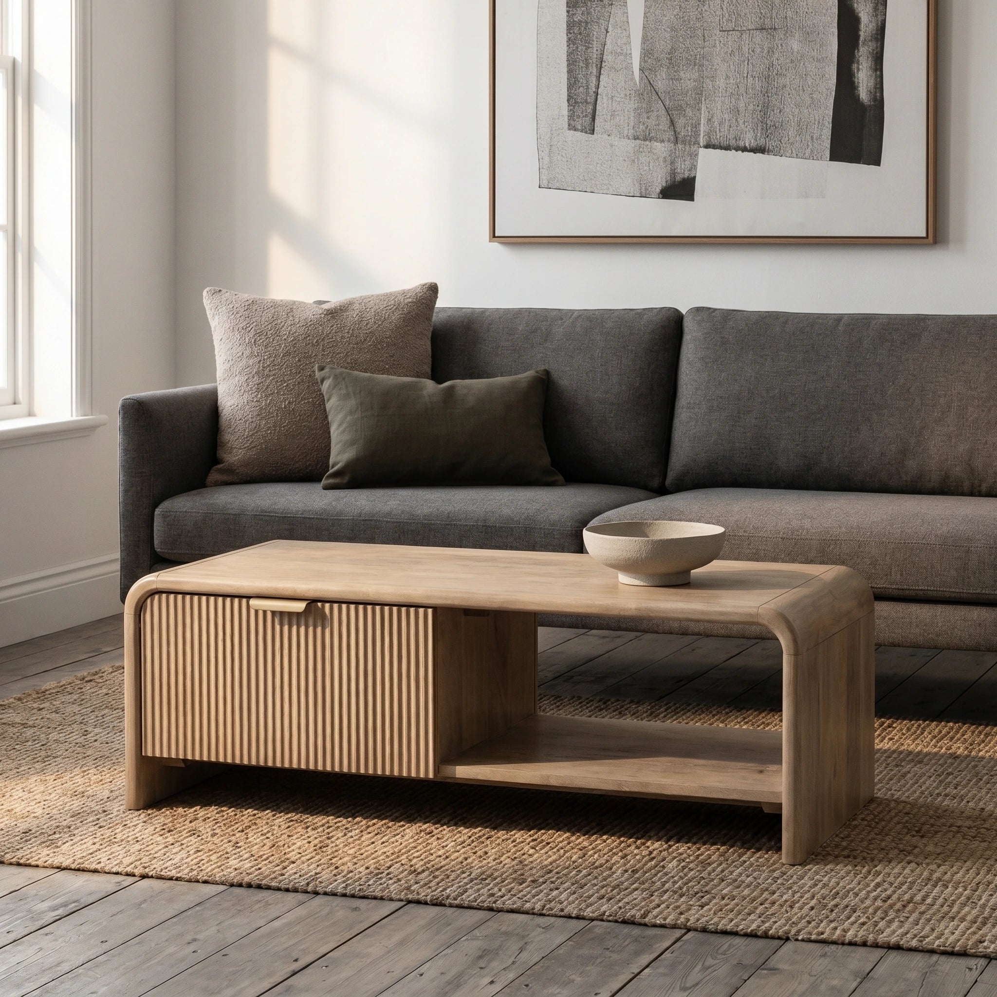 Rocca mango coffee table with curved edges, fluted drawer front and brushed brass hardware