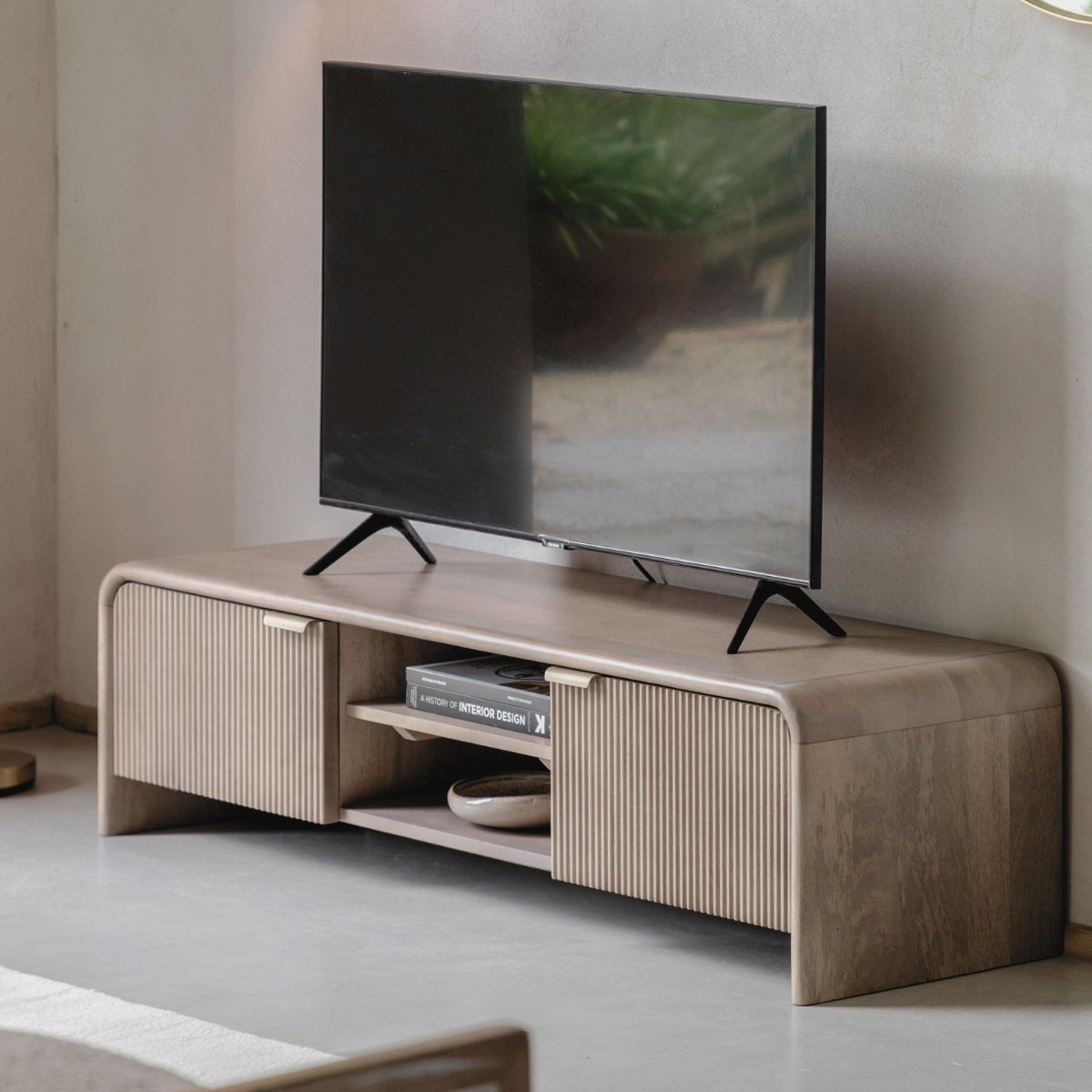 Rocca mango media unit TV Stand with curved edges and fluted doors | malletandplane.com