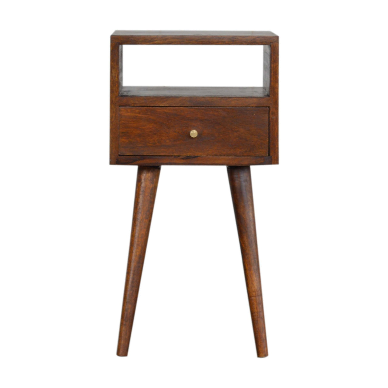 Ronan handmade solid mango wood small bedside table in a deep chestnut finish
