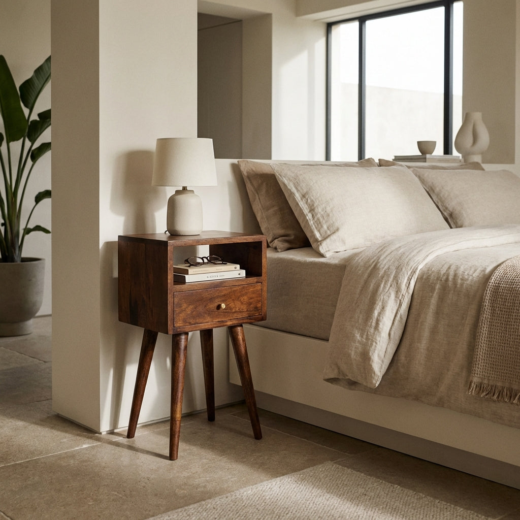 onan handmade solid mango wood small bedside table in a deep chestnut finish