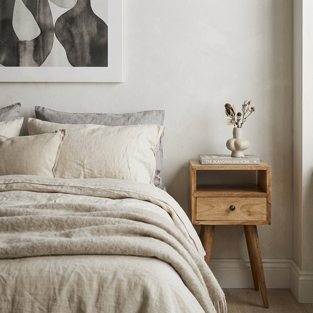 Ronan handmade solid mango wood small bedside table in a fine mango finish