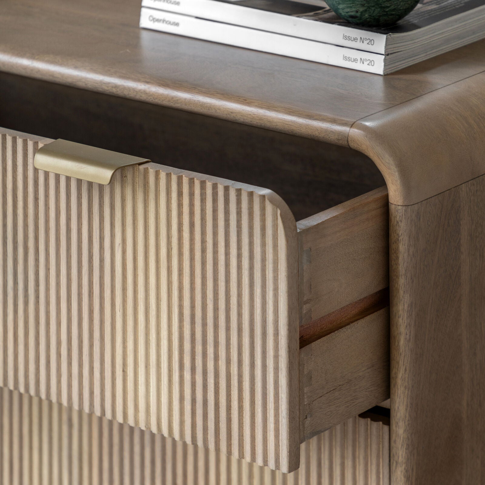 Rocca mango 3 drawer chest of drawers with fluted details and brass hardware | malletandplane.com