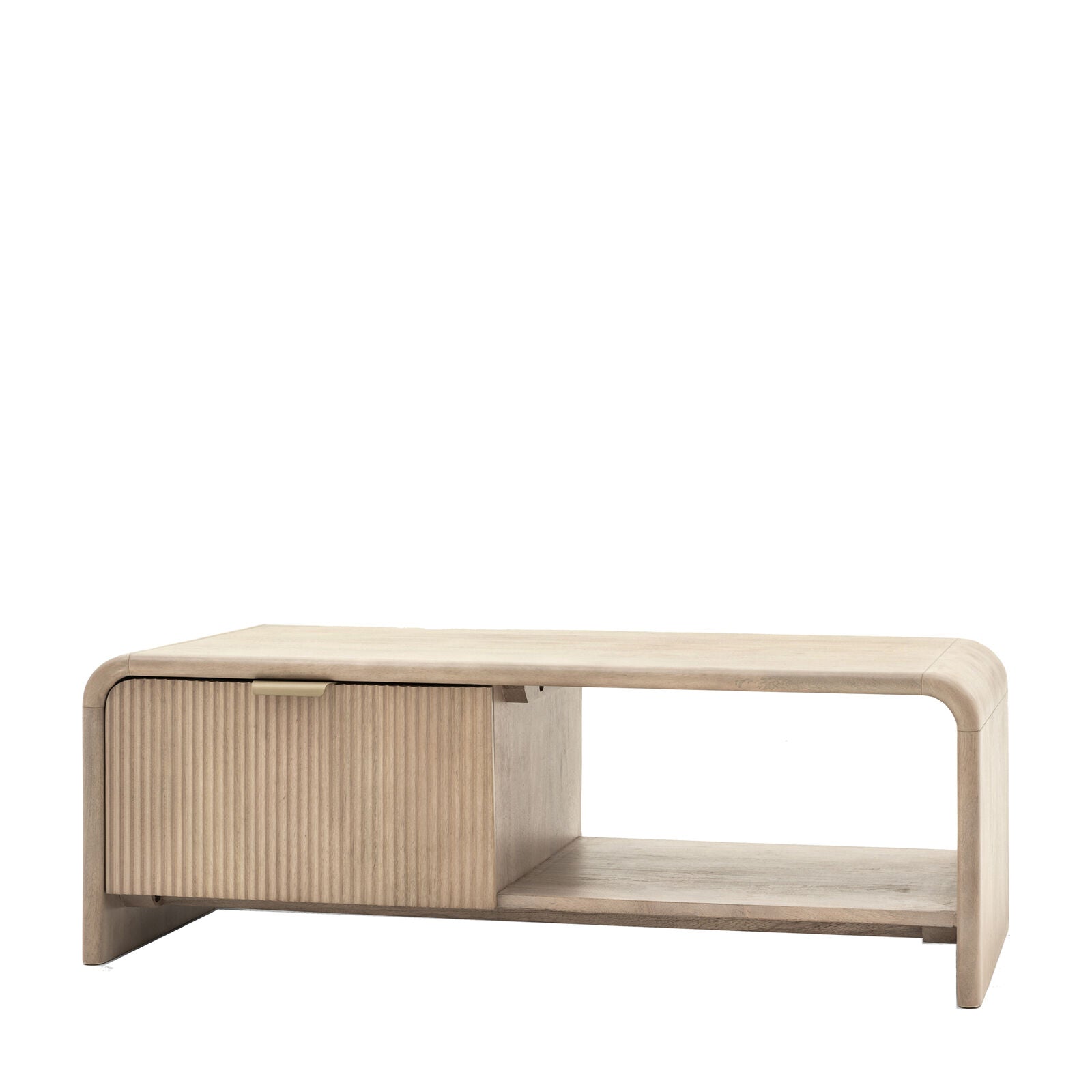 Rocca mango coffee table with curved edges, fluted drawer front and brushed brass hardware | malletandplane.com