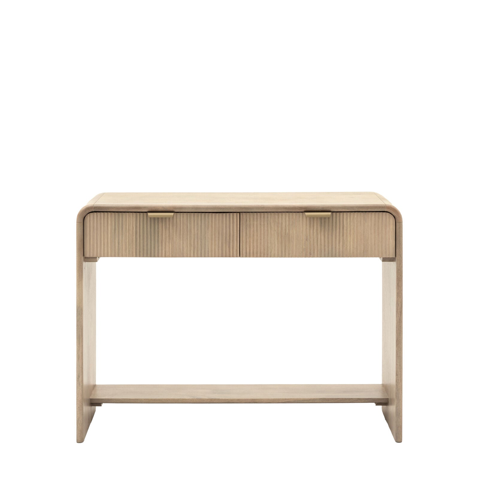 Rocca modern mango wood console table with curved edges and fluted drawers with brass hardware | malletandplane.com
