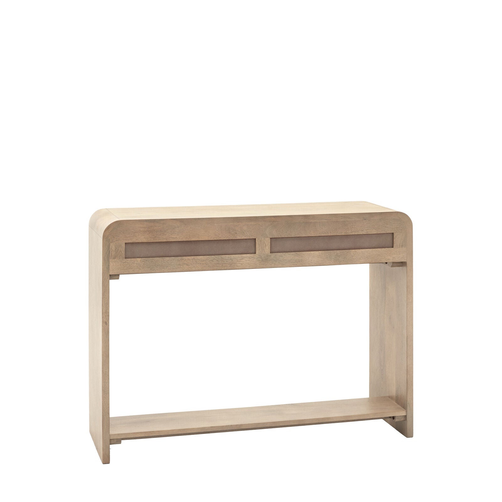 Rocca modern mango wood console table with curved edges and fluted drawers with brass hardware | malletandplane.com