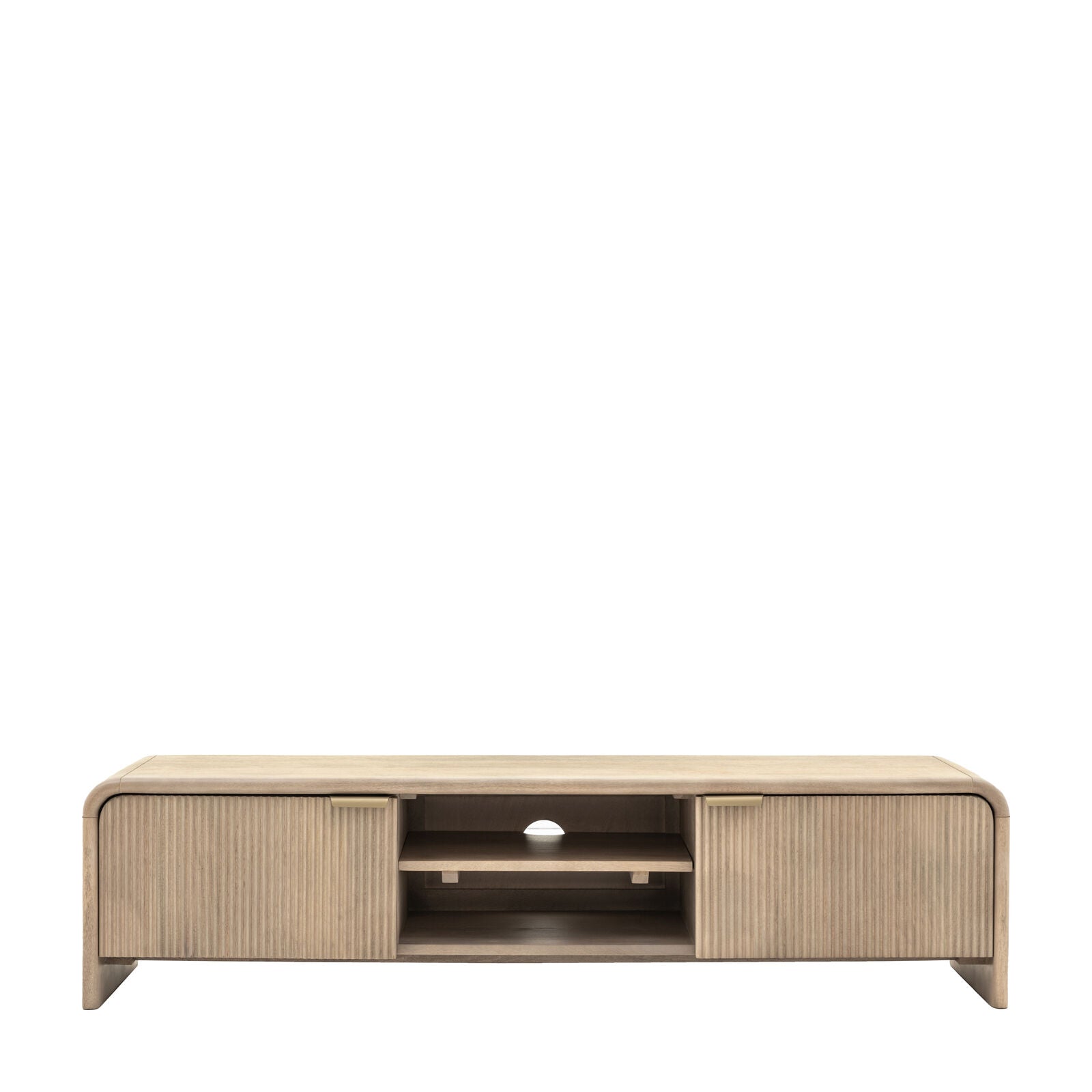 Rocca mango media unit with curved edges and fluted doors | malletandplane.com