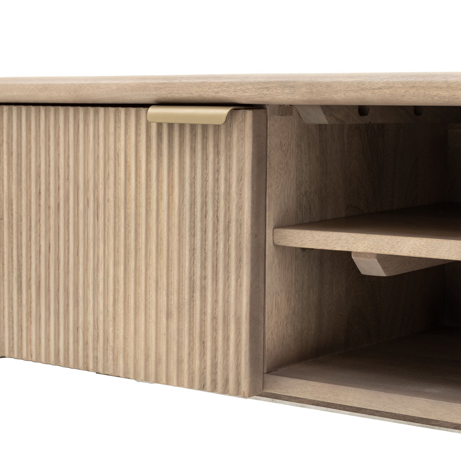 Rocca mango media unit with curved edges and fluted doors | malletandplane.com
