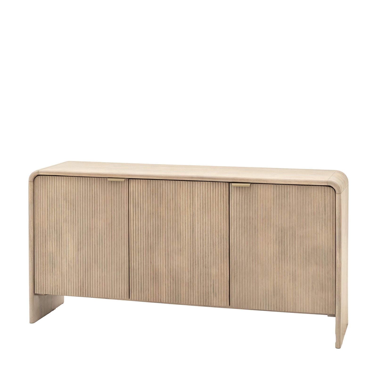Rocca mango 3 door sideboard with fluted door fronts, curved edges and brushed brass hardware | malletandplane.com