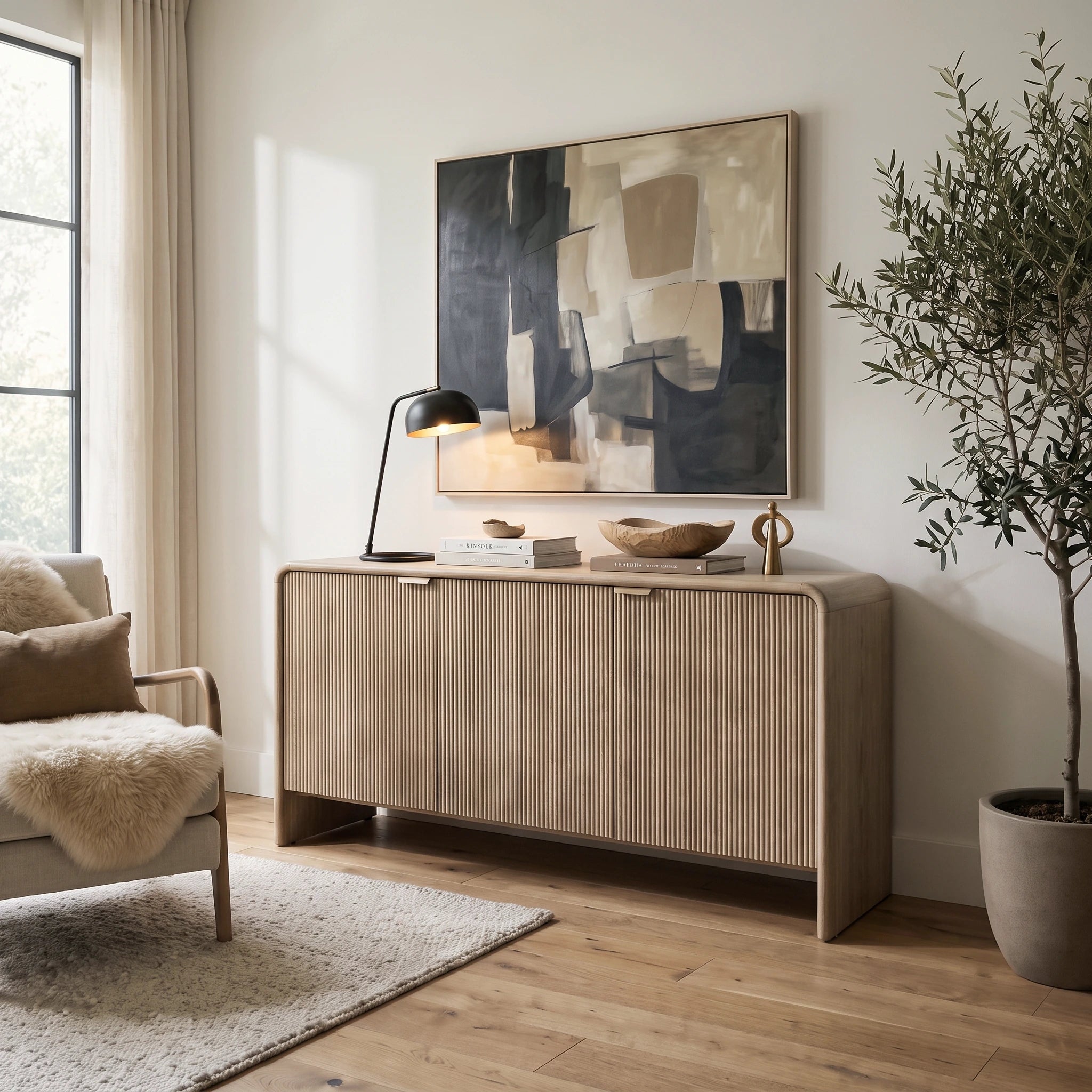 Rocca mango 3 door sideboard with fluted door fronts, curved edges and brushed brass hardware