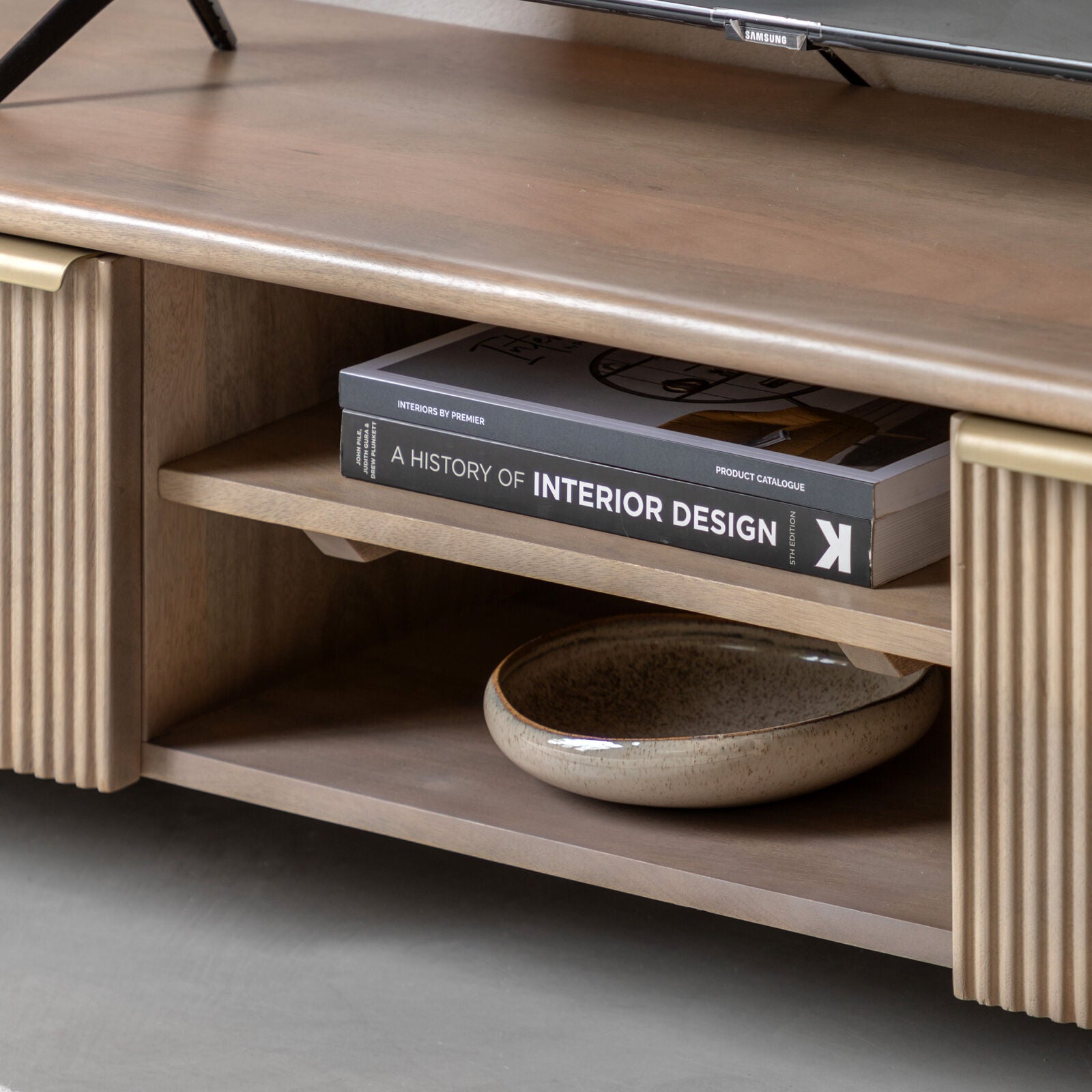 Rocco mango media unit with curved edges and fluted doors | malletandplane.com