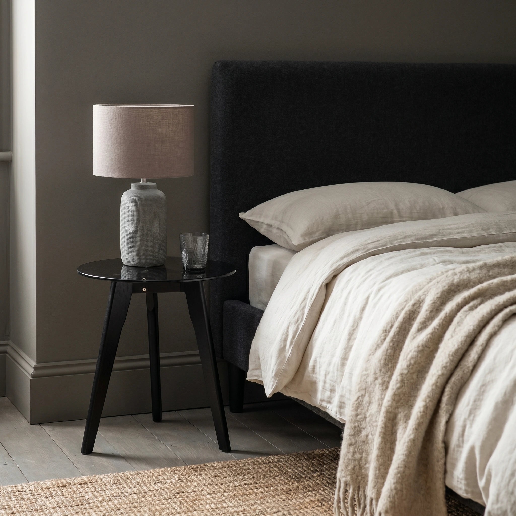 SHELTON Simple Black Bedside Table with smoked glass top