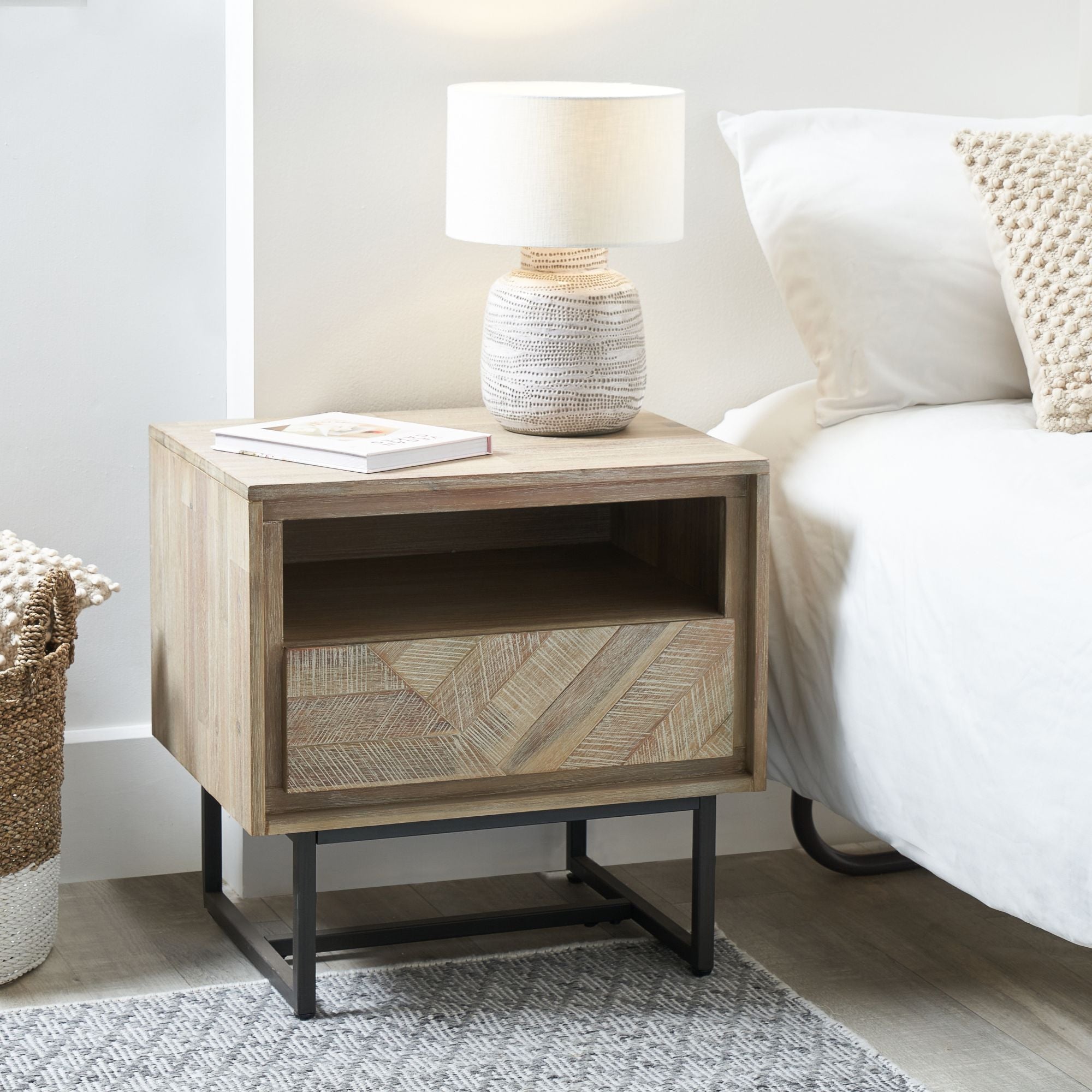 Torvik sand wash acacia wood 1 drawer bedside table with open niche | malletandplane.com