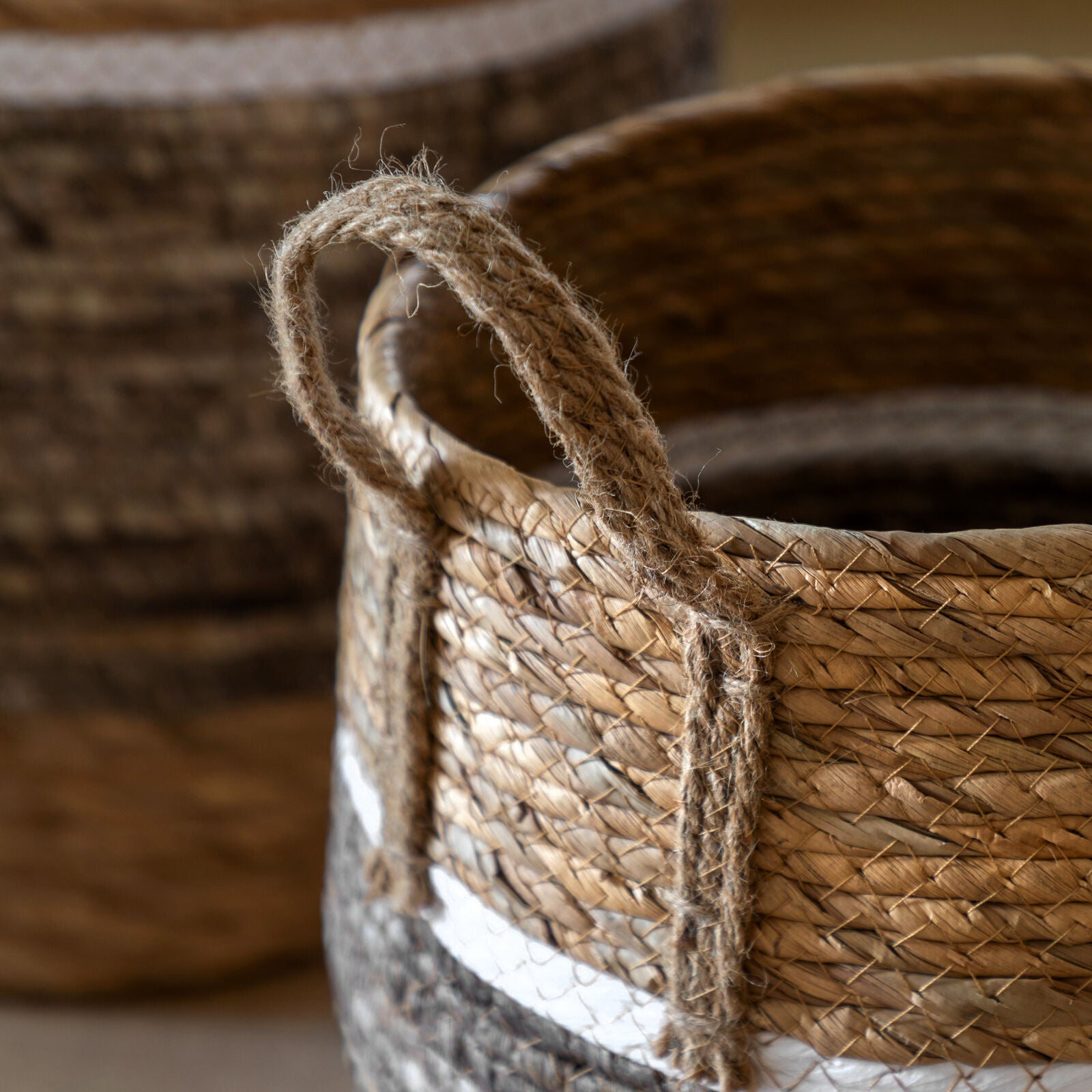 Weave set of handwoven seagrass baskets with stripe and contrast design | malletandplane.com