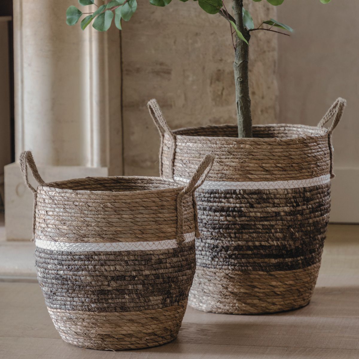 Weave set of handwoven seagrass baskets with stripe and contrast design | malletandplane.com