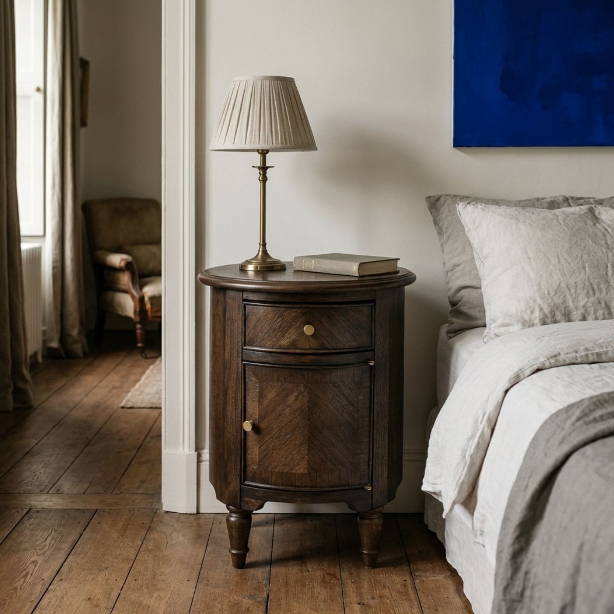 WETHERBY Round Dark Wood Bedside Table with Drawer & Cupboard