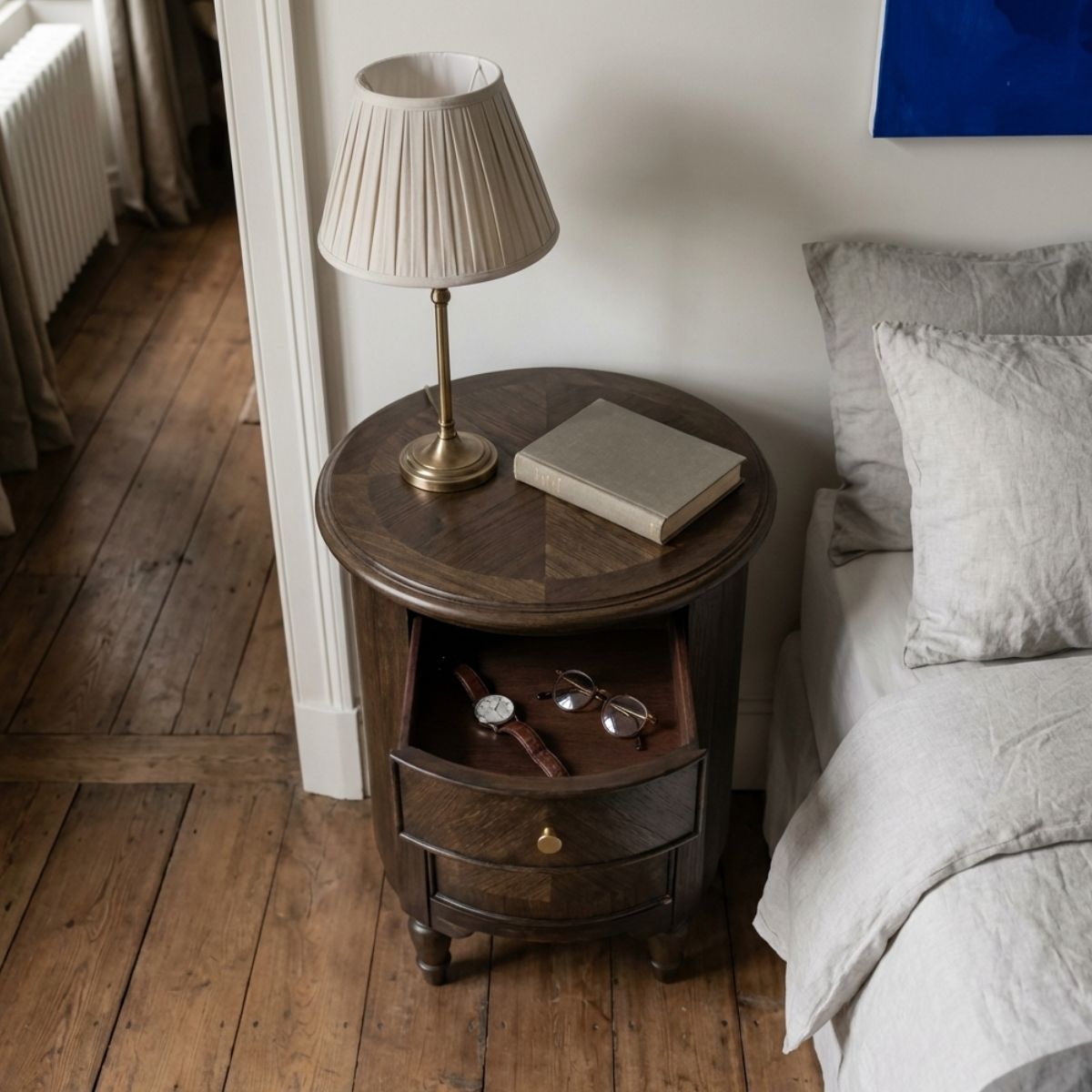 WETHERBY Round Dark Wood Bedside Table with Drawer & Cupboard
