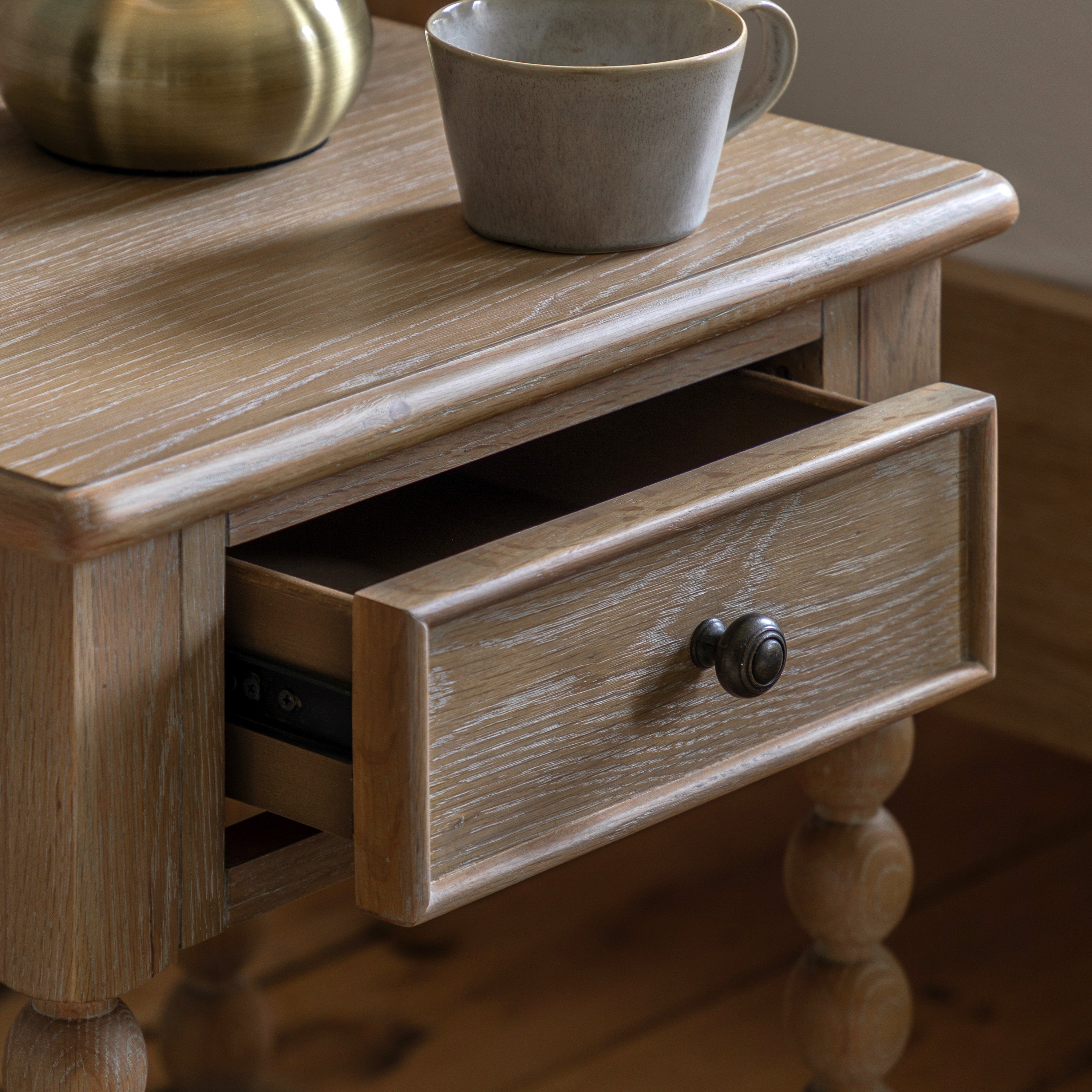 MABEL Natural 1 Drawer Bedside Table - detail and lifestyle view 3