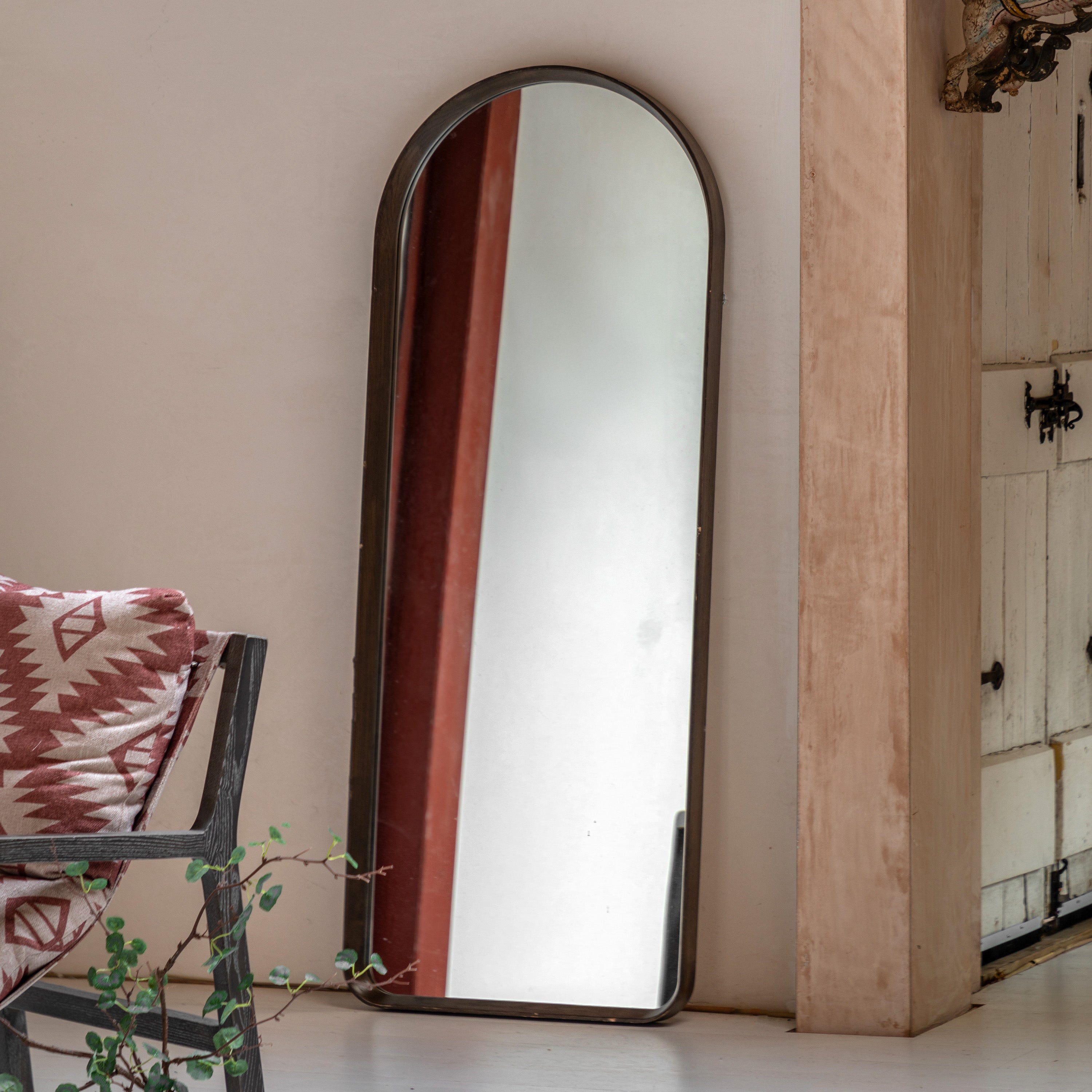 Helsinki Arch Leaner Mirror Walnut - detail and lifestyle view 2