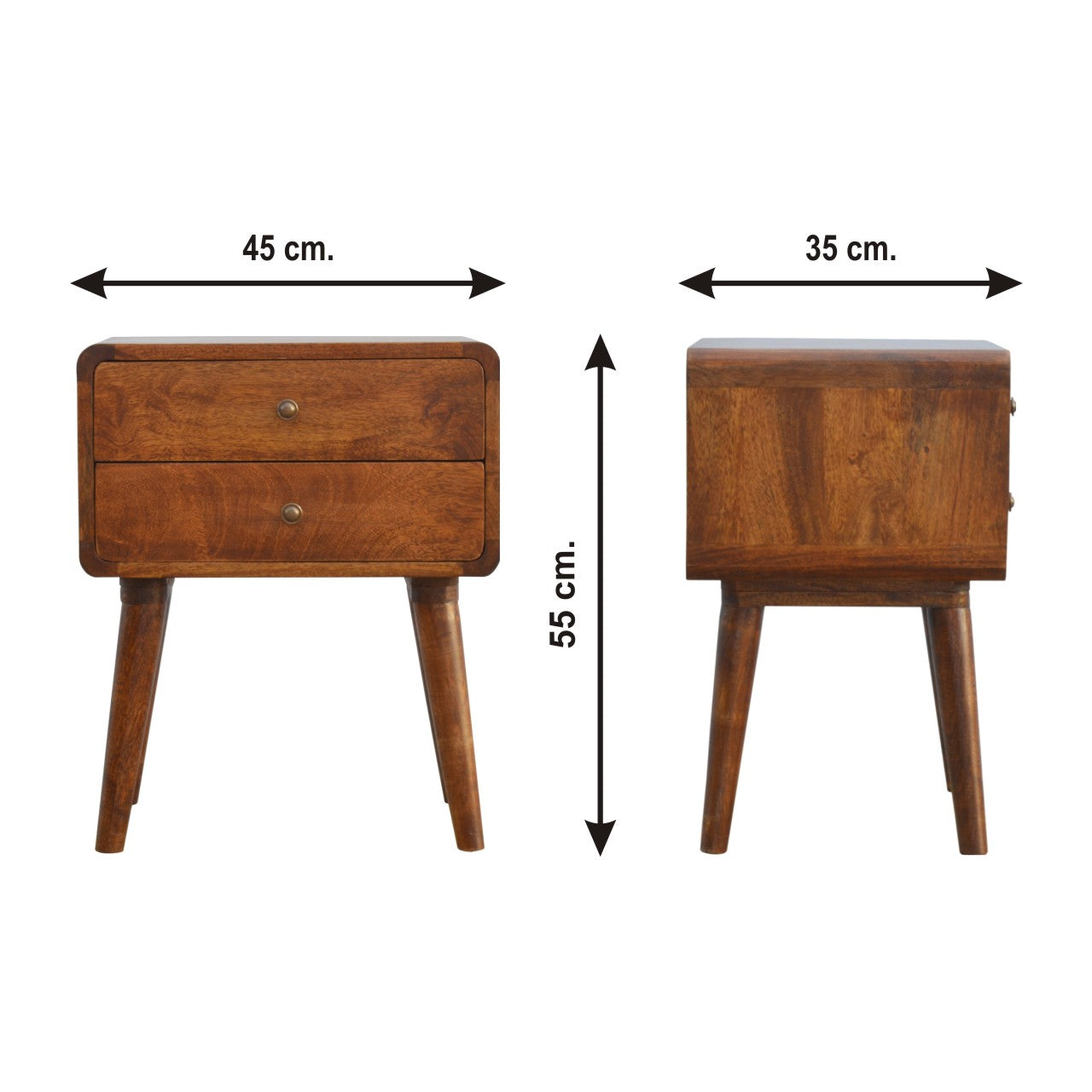 Century solid wood 45cm 2 drawer bedside table in deep chestnut finish