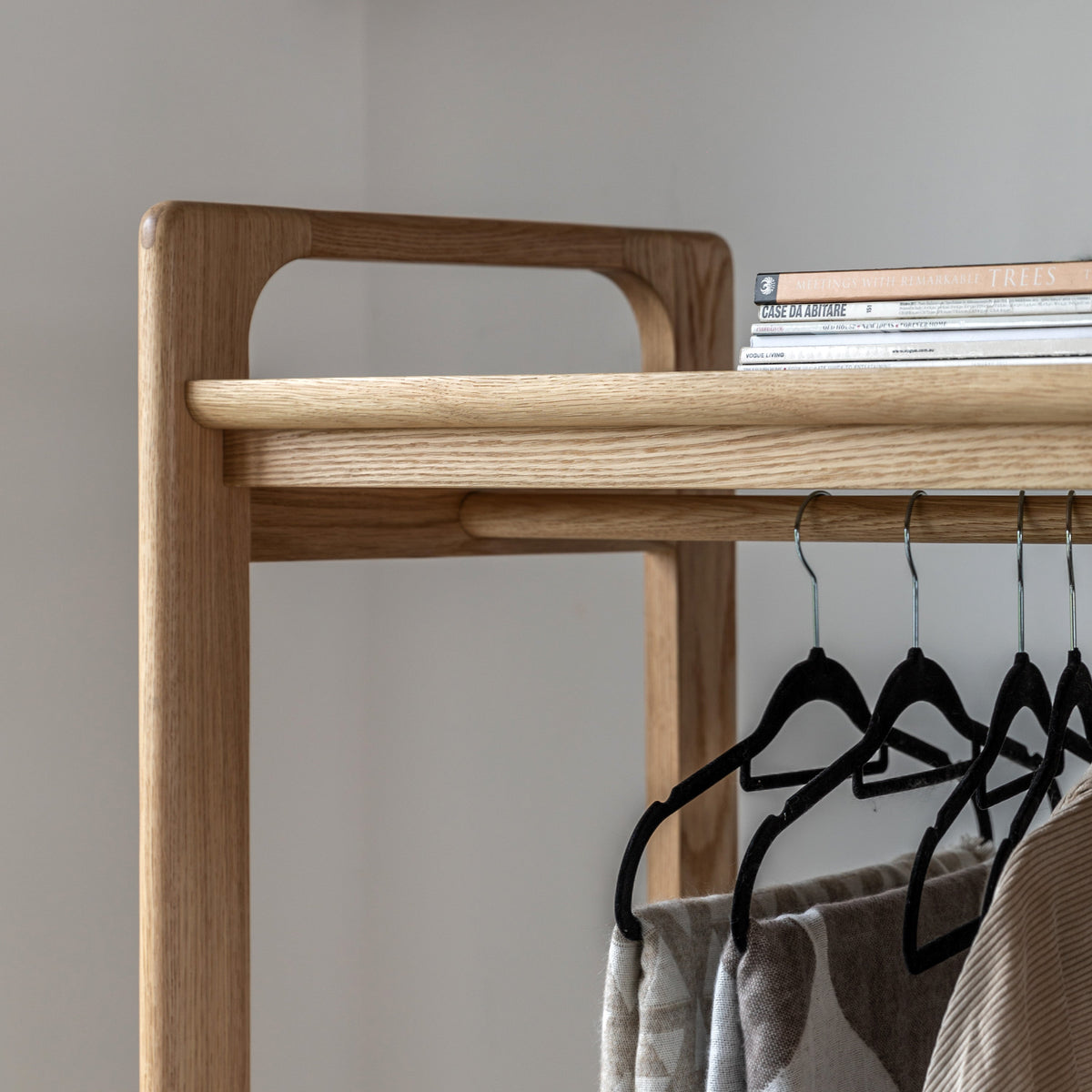 CRAFT natural oak open wardrobe with hanging rail and top and lower shelves