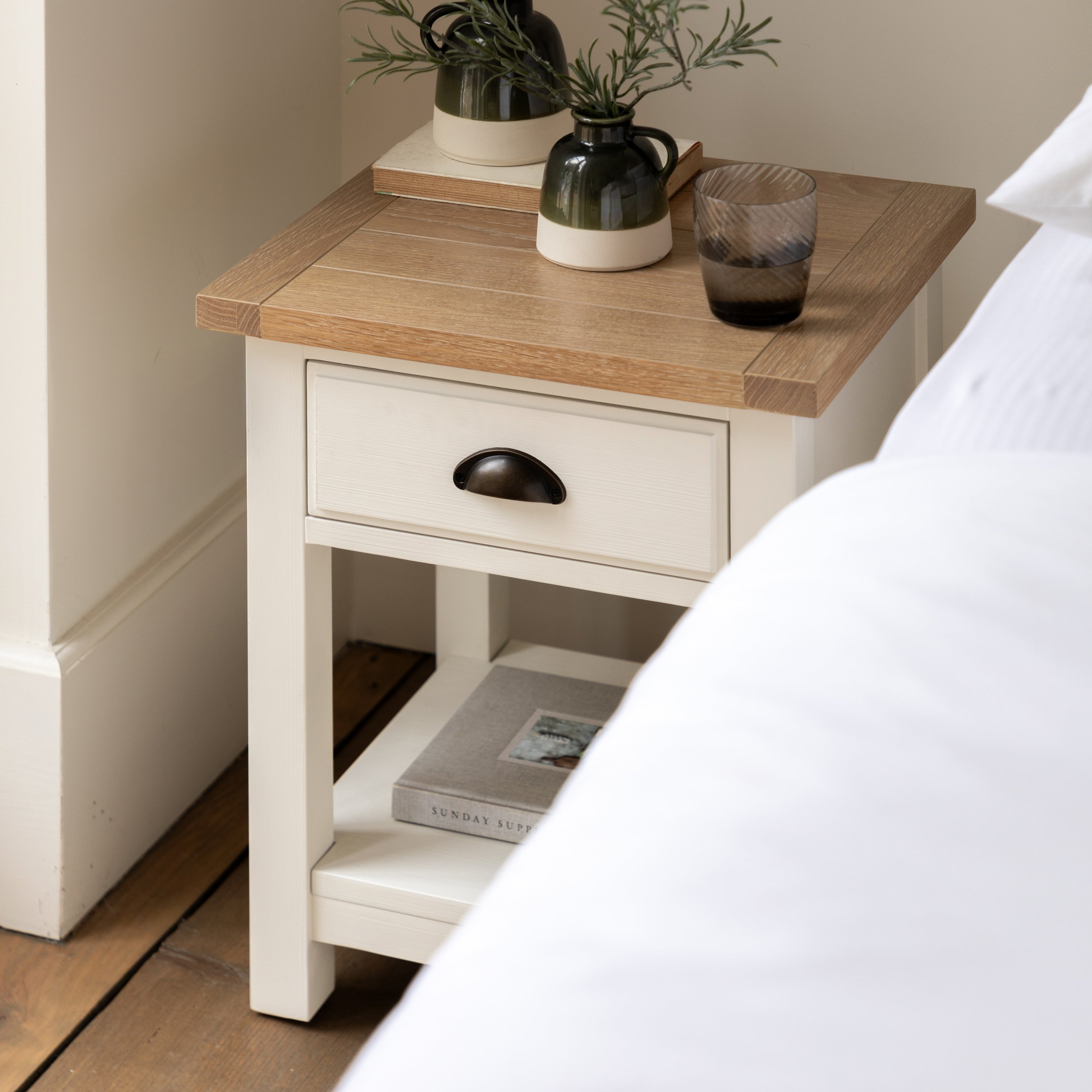 Jora White 1 Drawer / 1 Shelf Bedside Table - detail and lifestyle view 3
