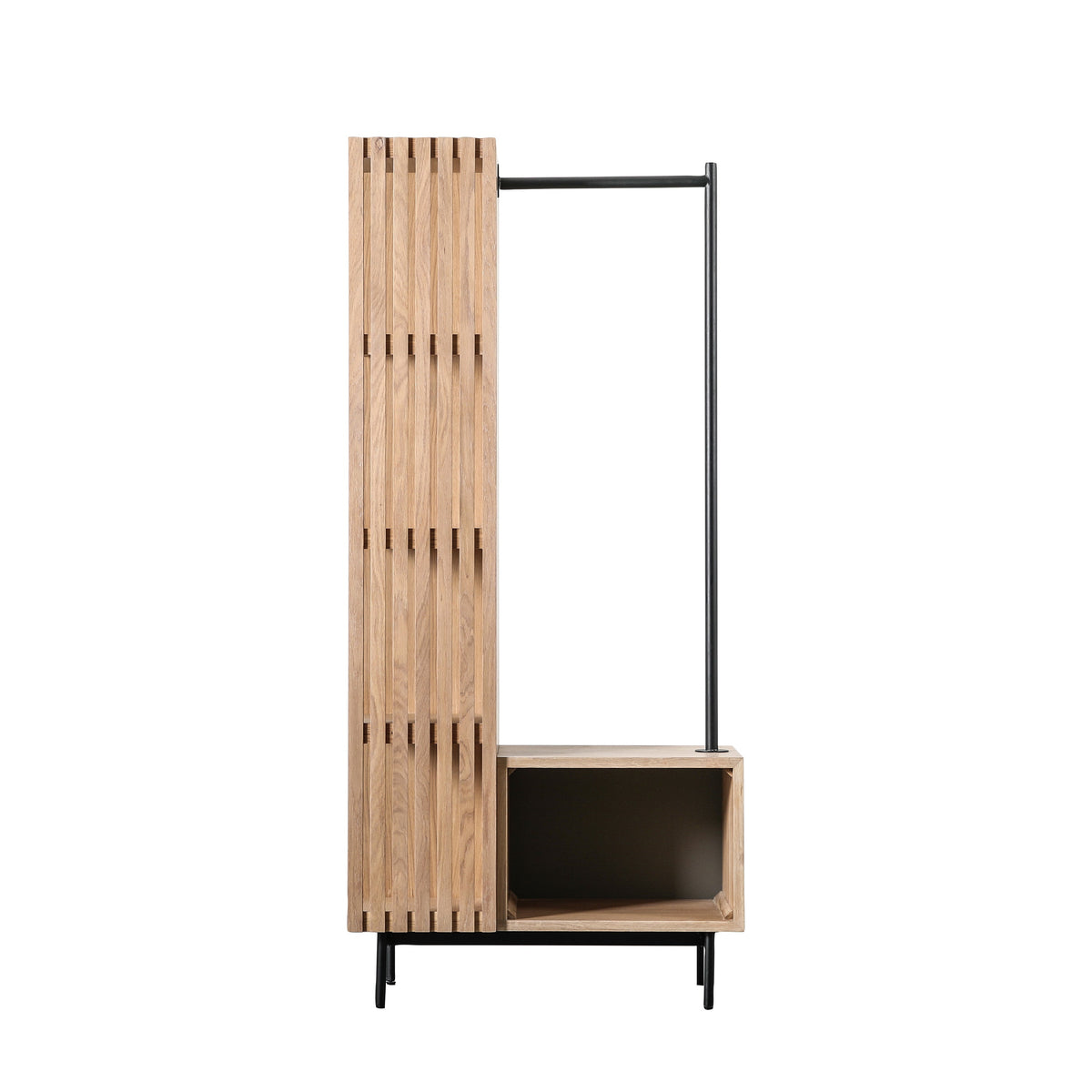 OKAYAMA oak open wardrobe with black hanging rail and slatted shelving
