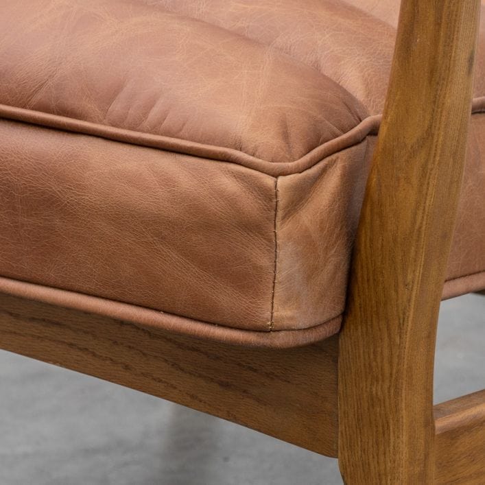 Marcus vintage brown leather armchair with stitching detail and solid wood frame | MalletandPlane.com